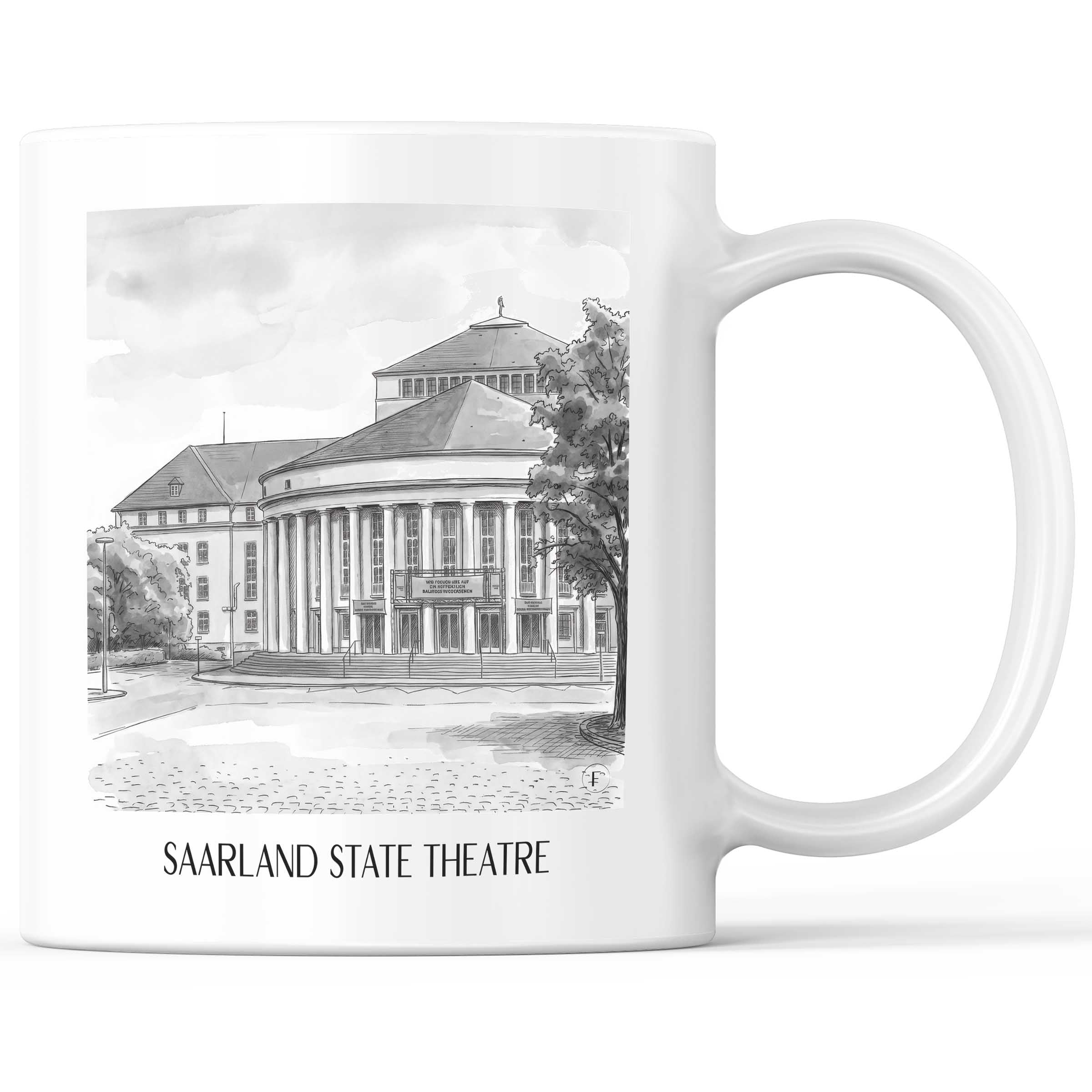 Saarländisches Staatstheater Kaffeebecher - Saarbrücken - Deutschland Becher - Kaffeetasse im Aquarell Schwarz-Weiß Stil