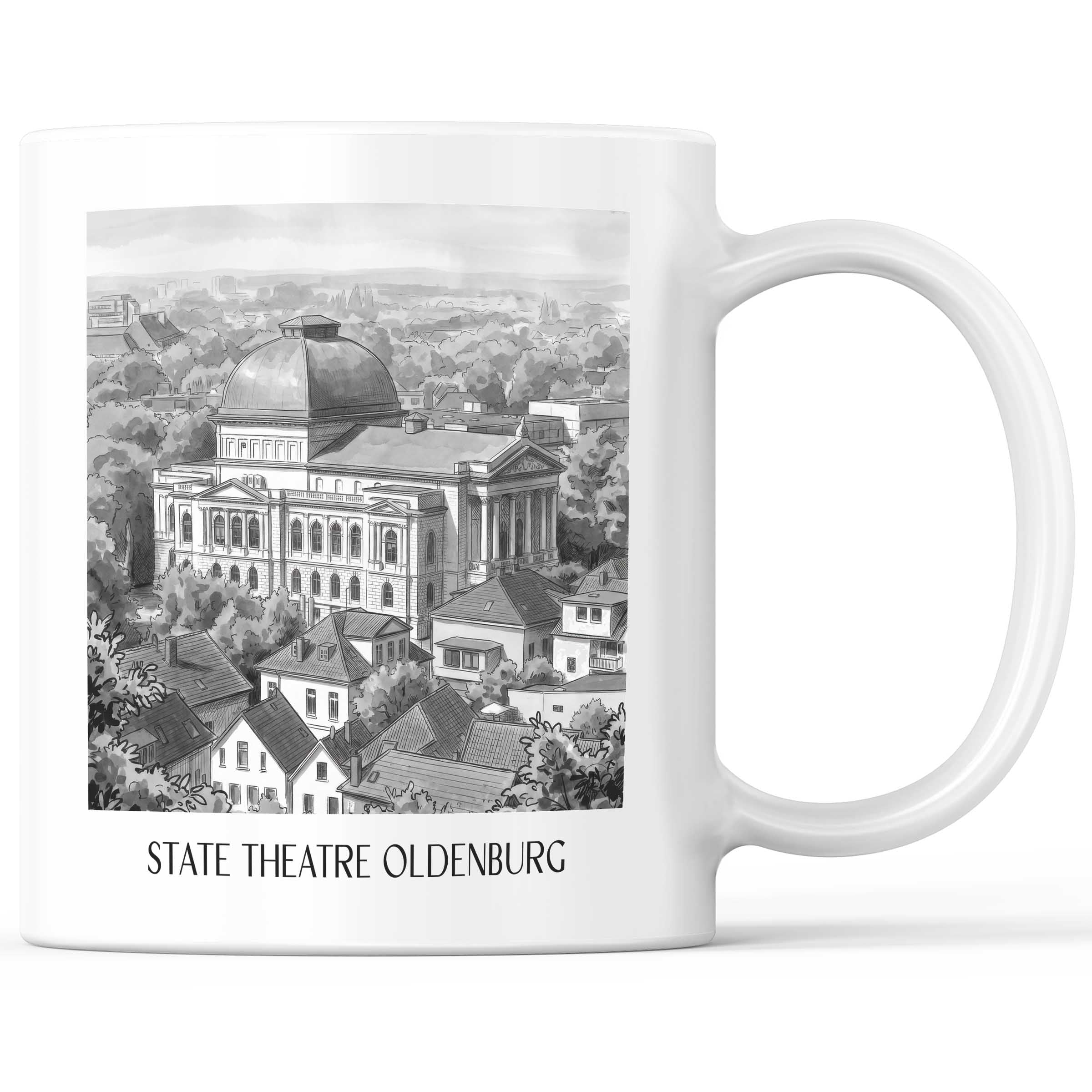 Staatstheater Kaffeebecher - Oldenburg - Deutschland Becher - Kaffeetasse im Aquarell Schwarz-Weiß Stil