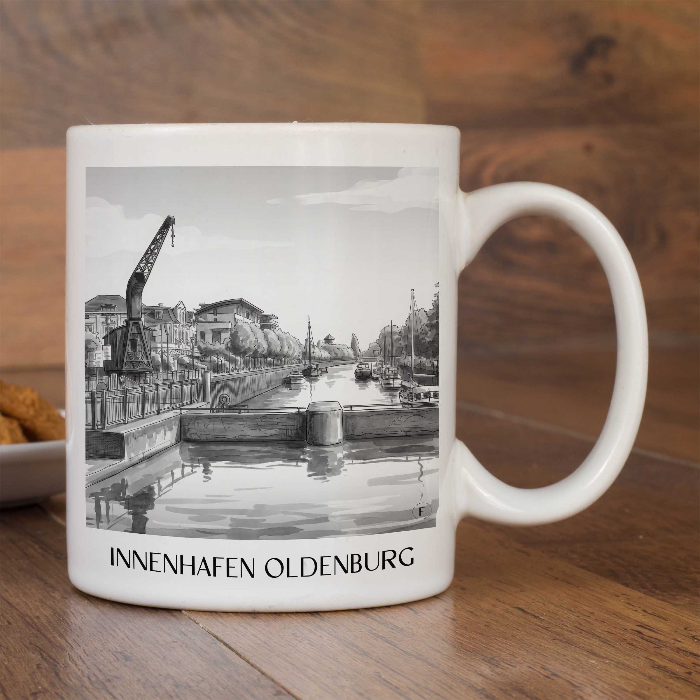 innenhafen-oldenburg-deutschland-kaffeebecher-aquarell-schwarz-weiss