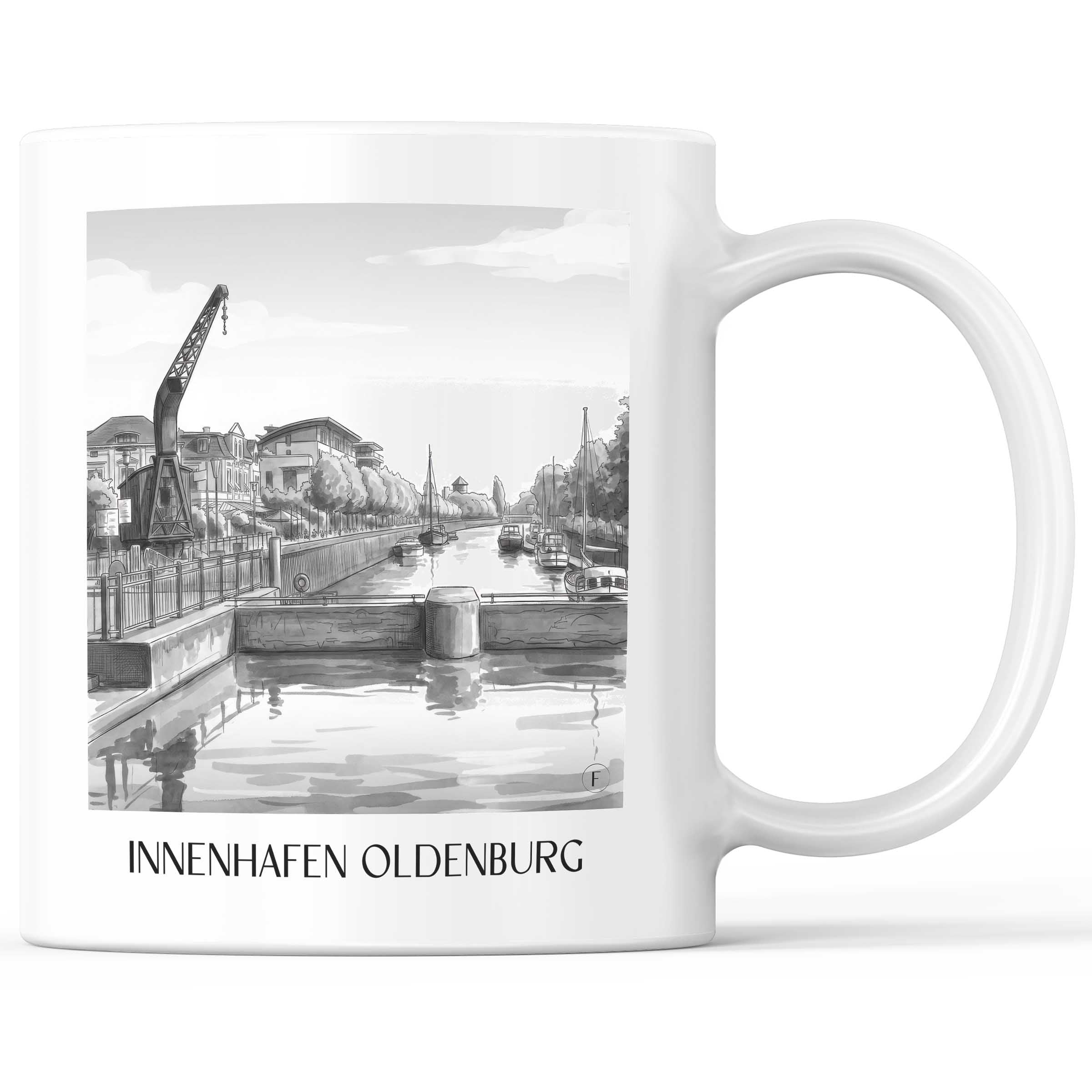 innenhafen-oldenburg-deutschland-kaffeebecher-aquarell-schwarz-weiss