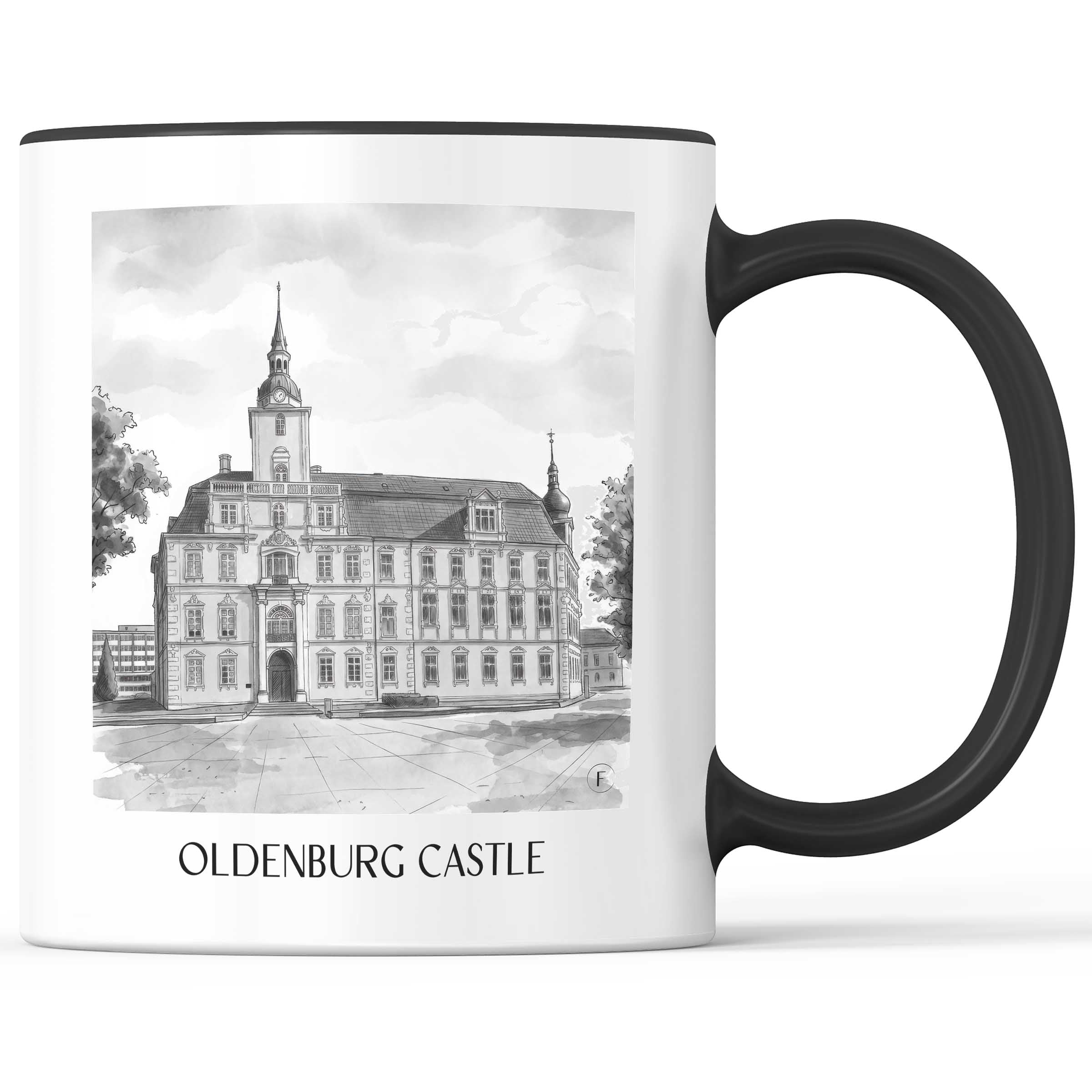 Oldenburger Schloss Kaffeebecher - Niedersachsen - Deutschland Becher - Kaffeetasse im Aquarell Schwarz-Weiß Stil