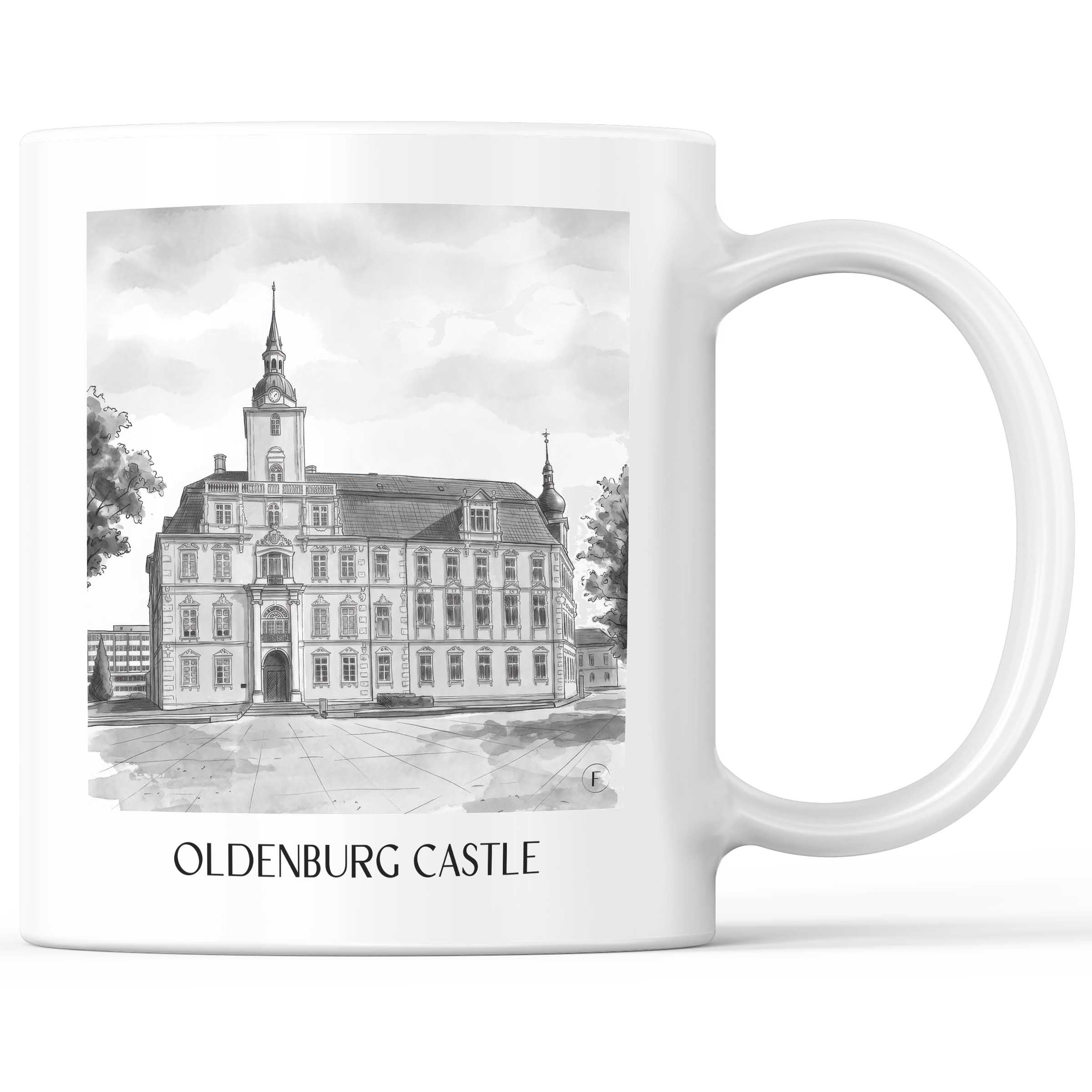 Oldenburger Schloss Kaffeebecher - Niedersachsen - Deutschland Becher - Kaffeetasse im Aquarell Schwarz-Weiß Stil