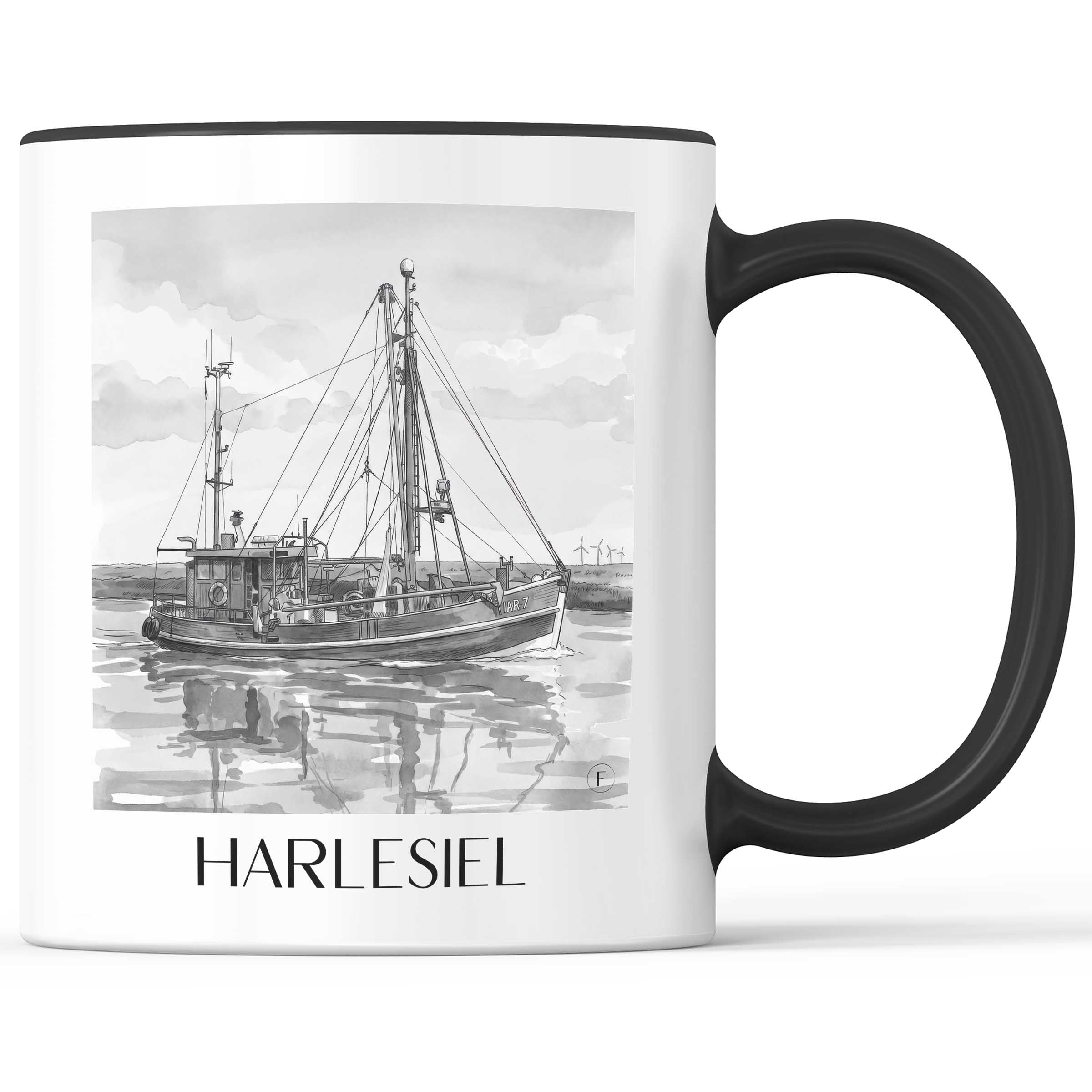 harlesiel-ostfriesland-deutschland-kaffeebecher-aquarell-schwarz-weiss