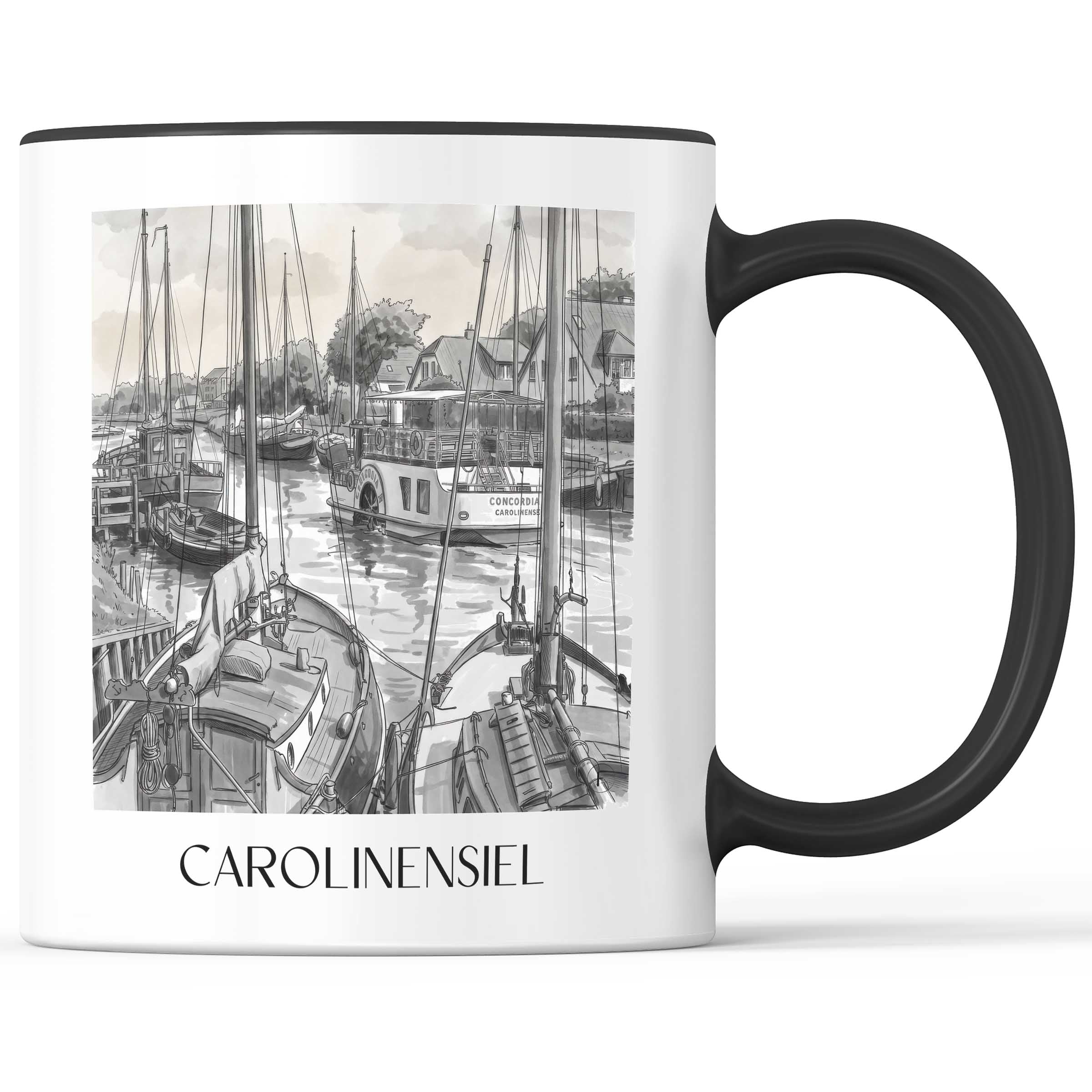 carolinensiel-ostfriesland-deutschland-kaffeebecher-aquarell-schwarz-weiss