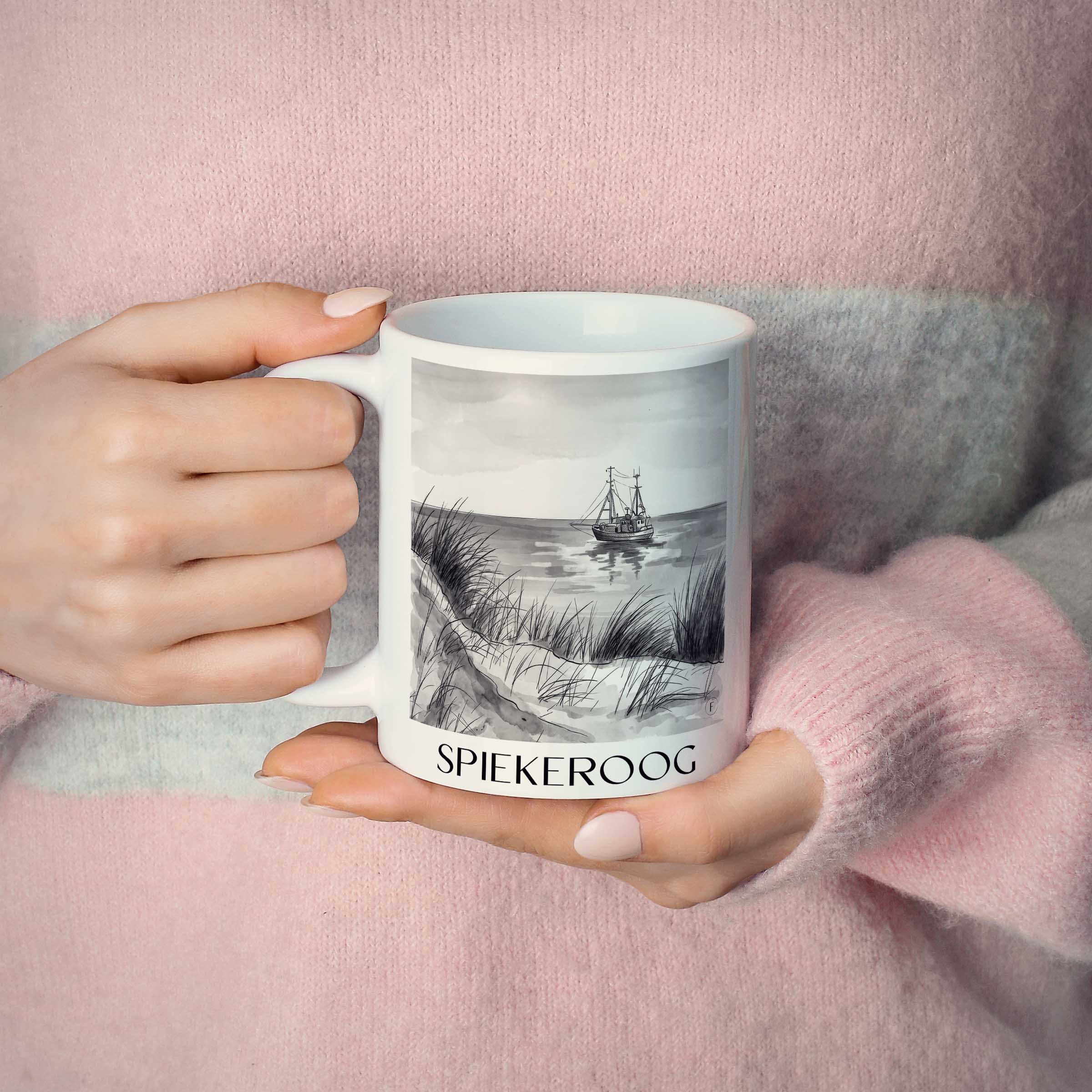 spiekeroog-ostfriesland-deutschland-kaffeebecher-aquarell-schwarz-weiss