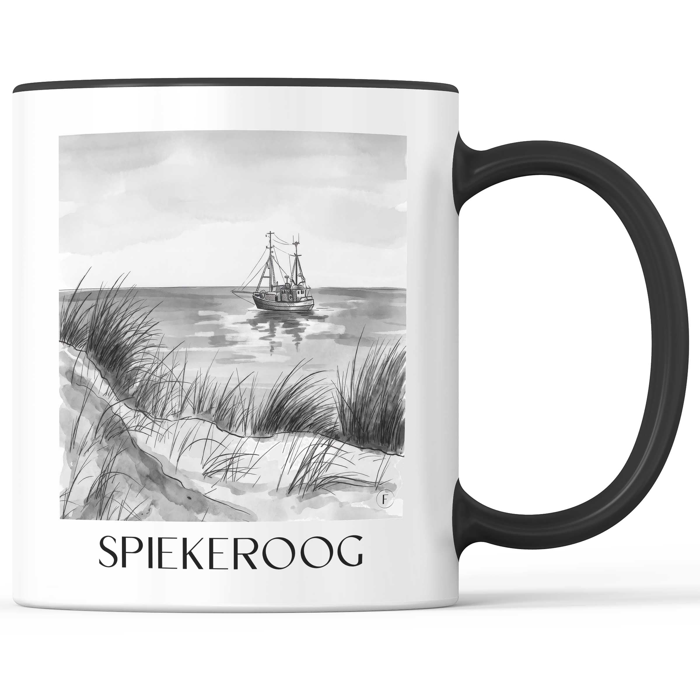 Spiekeroog Kaffeebecher - Ostfriesland - Deutschland Becher - Kaffeetasse im Aquarell Schwarz-Weiß Stil