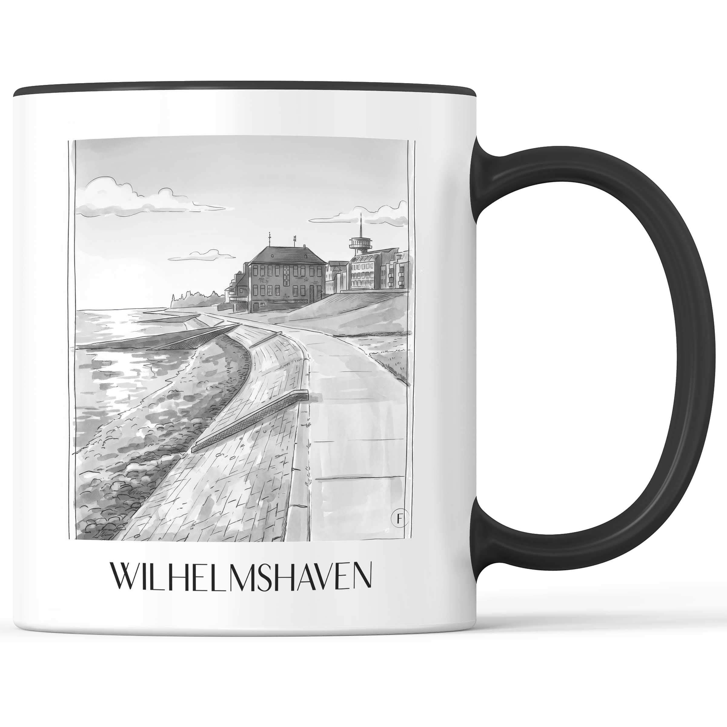 Wilhelmshaven Kaffeebecher - Oldenburger Friesland - Deutschland Becher - Kaffeetasse im Aquarell Schwarz-Weiß Stil