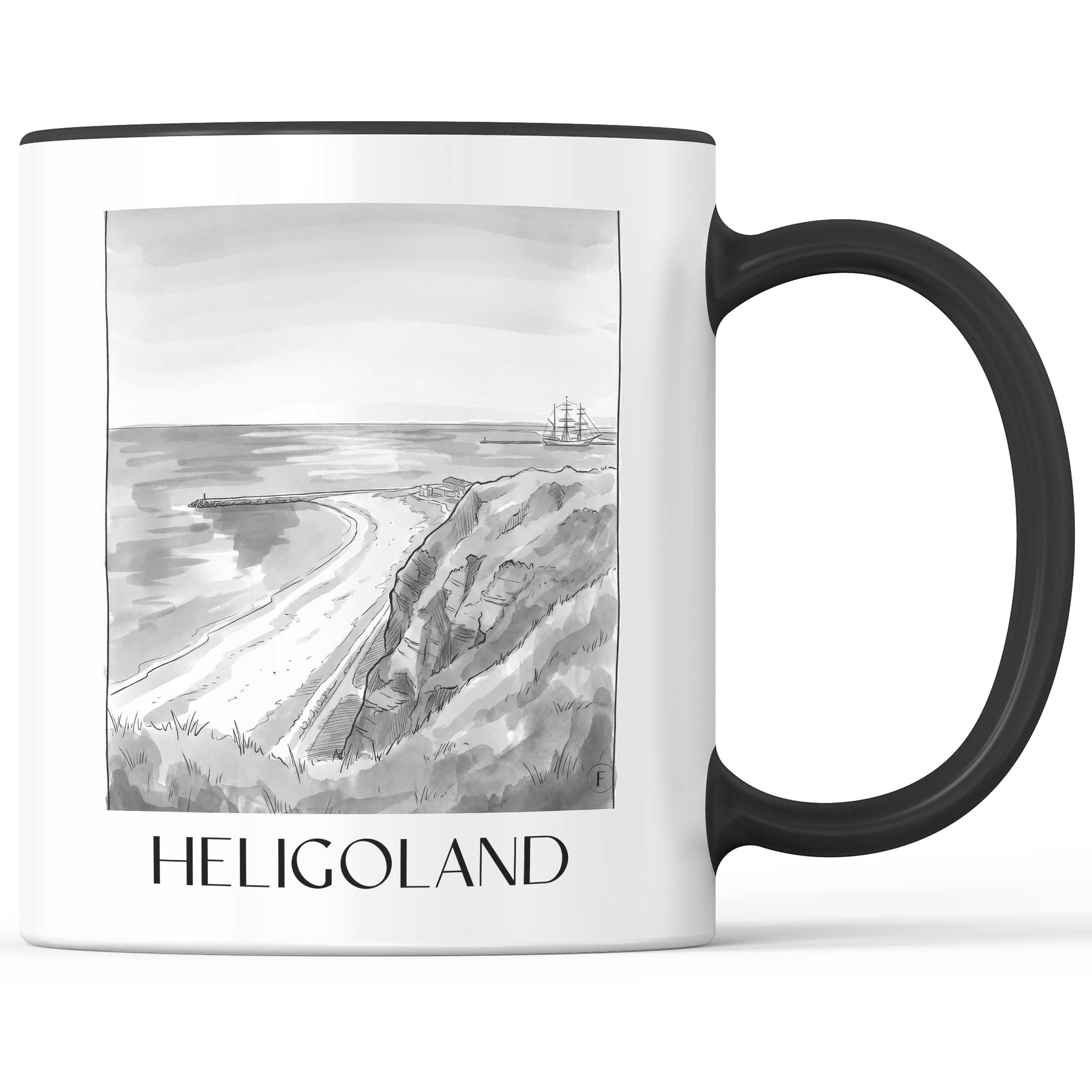 Helgoland Kaffeebecher - Schleswig-Holstein - Deutschland Becher - Kaffeetasse im Aquarell Schwarz-Weiß Stil