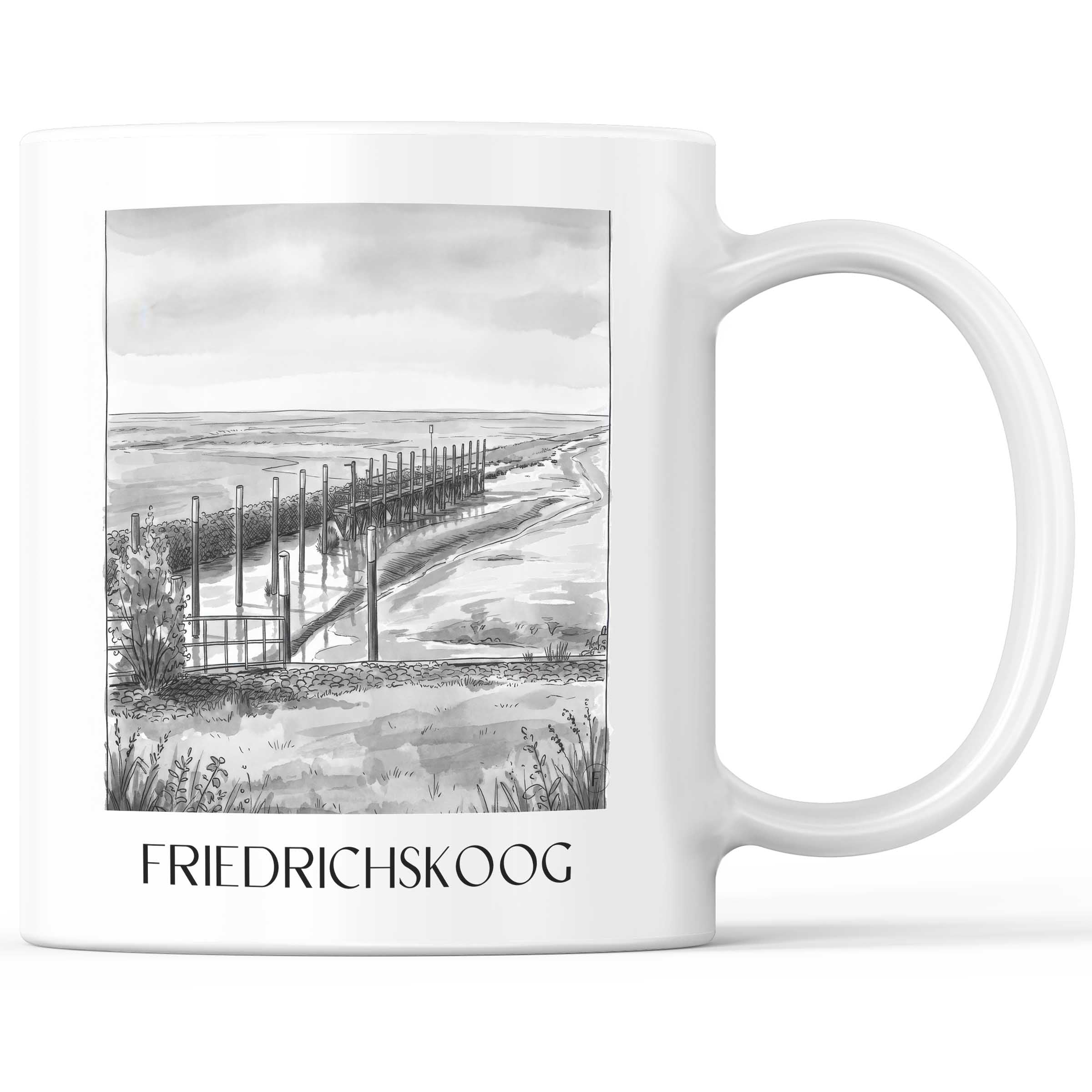 Friedrichskoog Kaffeebecher - Schleswig-Holstein - Deutschland Becher - Kaffeetasse im Aquarell Schwarz-Weiß Stil