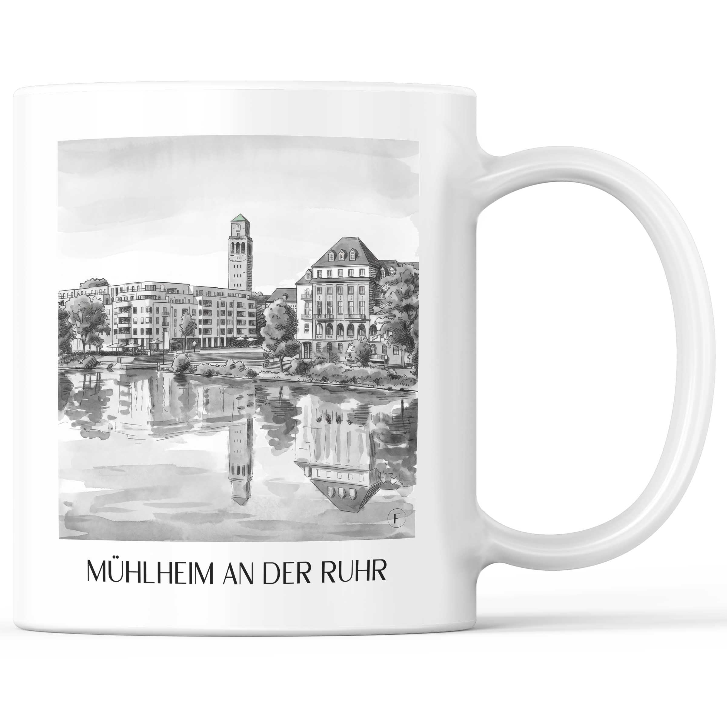 Mühlheim an der Ruhr Kaffeebecher - Ruhrgebiet - Deutschland Becher - Kaffeetasse im Aquarell Schwarz-Weiß Stil