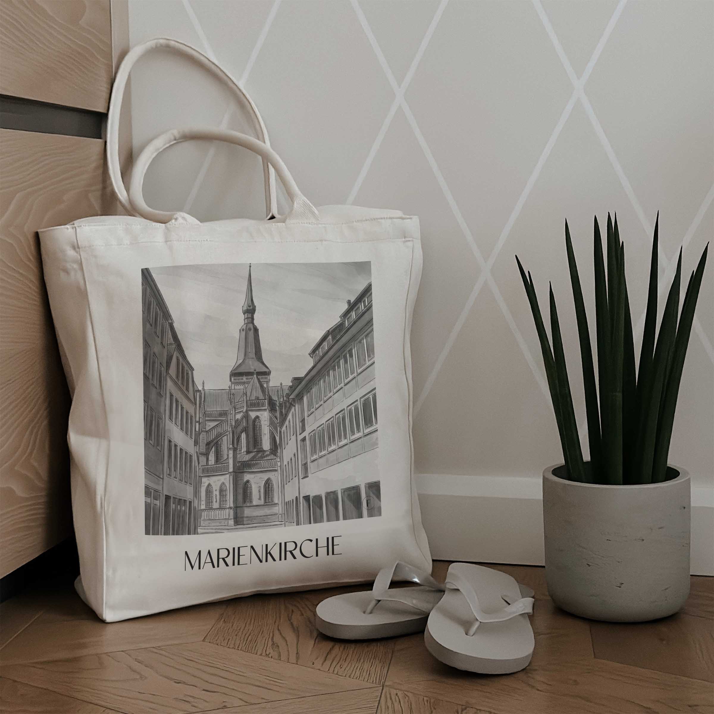 marienkirche-osnabrück-deutschland-einkaufstasche-aquarell-schwarz-weiss