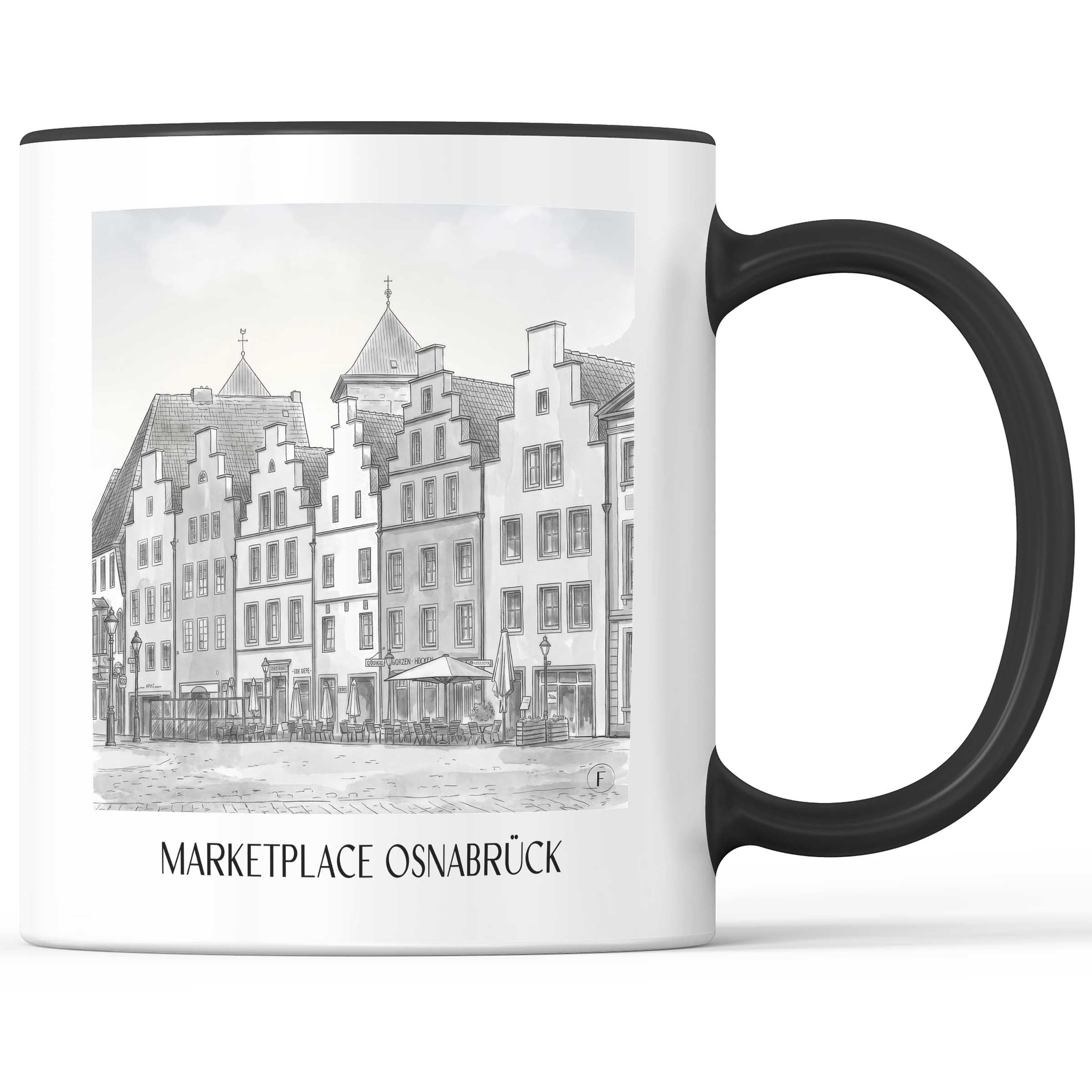 Marktplatz Kaffeebecher - Osnabrück - Deutschland Becher - Kaffeetasse im Aquarell Schwarz-Weiß Stil