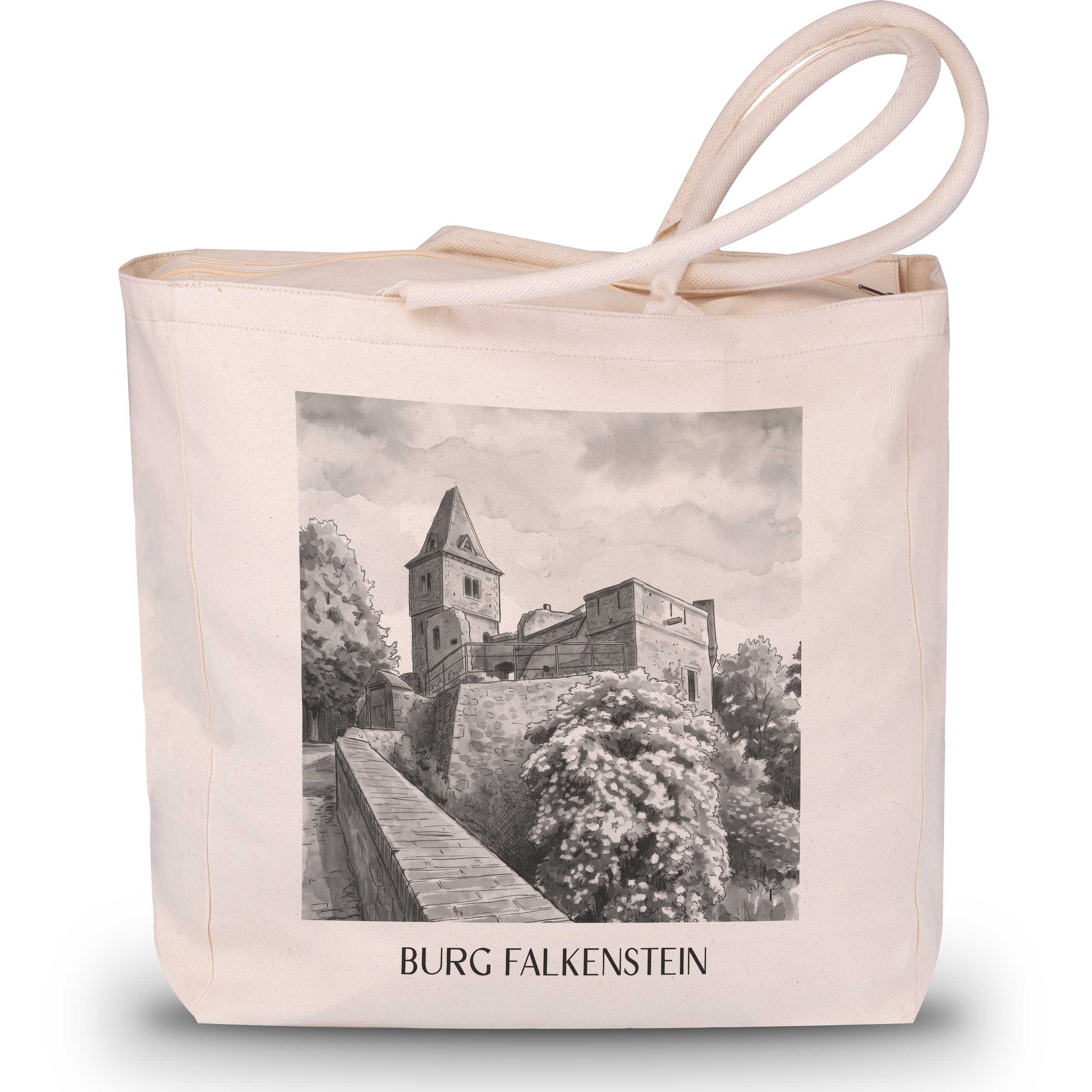 burg-falkenstein-mühltal-deutschland-einkaufstasche-aquarell-schwarz-weiss