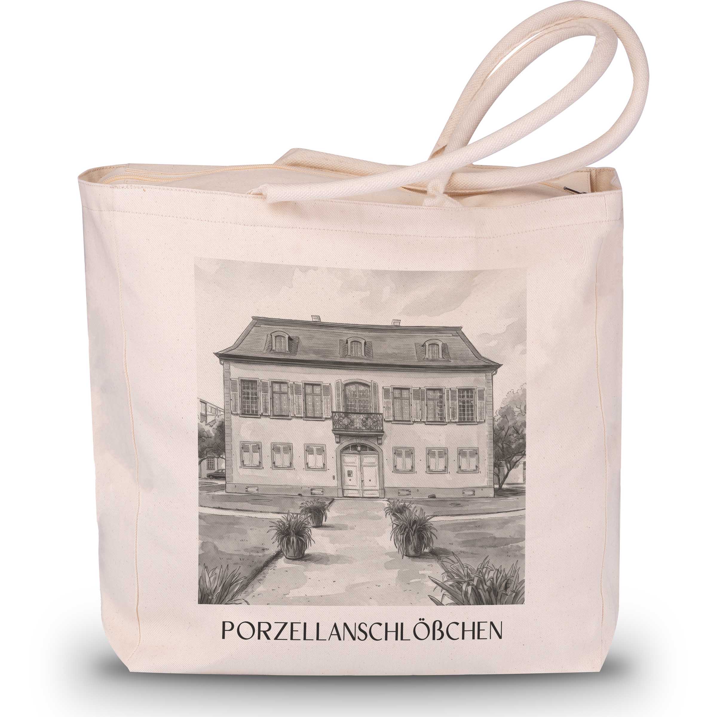 porzellanschlößchen-darmstadt-deutschland-einkaufstasche-aquarell-schwarz-weiss