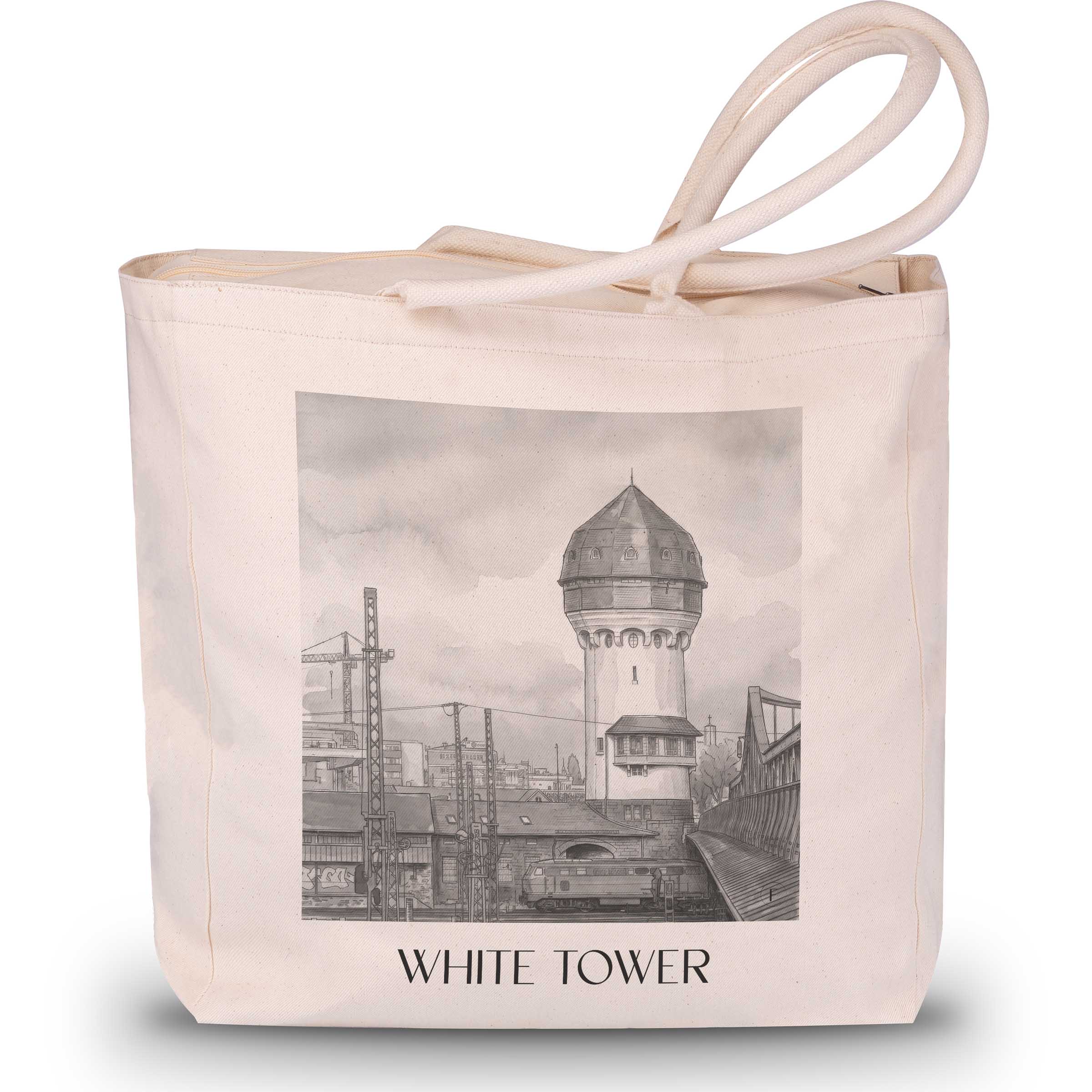 Weißer Turm Shopping Tasche - Darmstadt - Deutschland Tote Bag - Einkaufstasche im Aquarell Schwarz-Weiß Stil