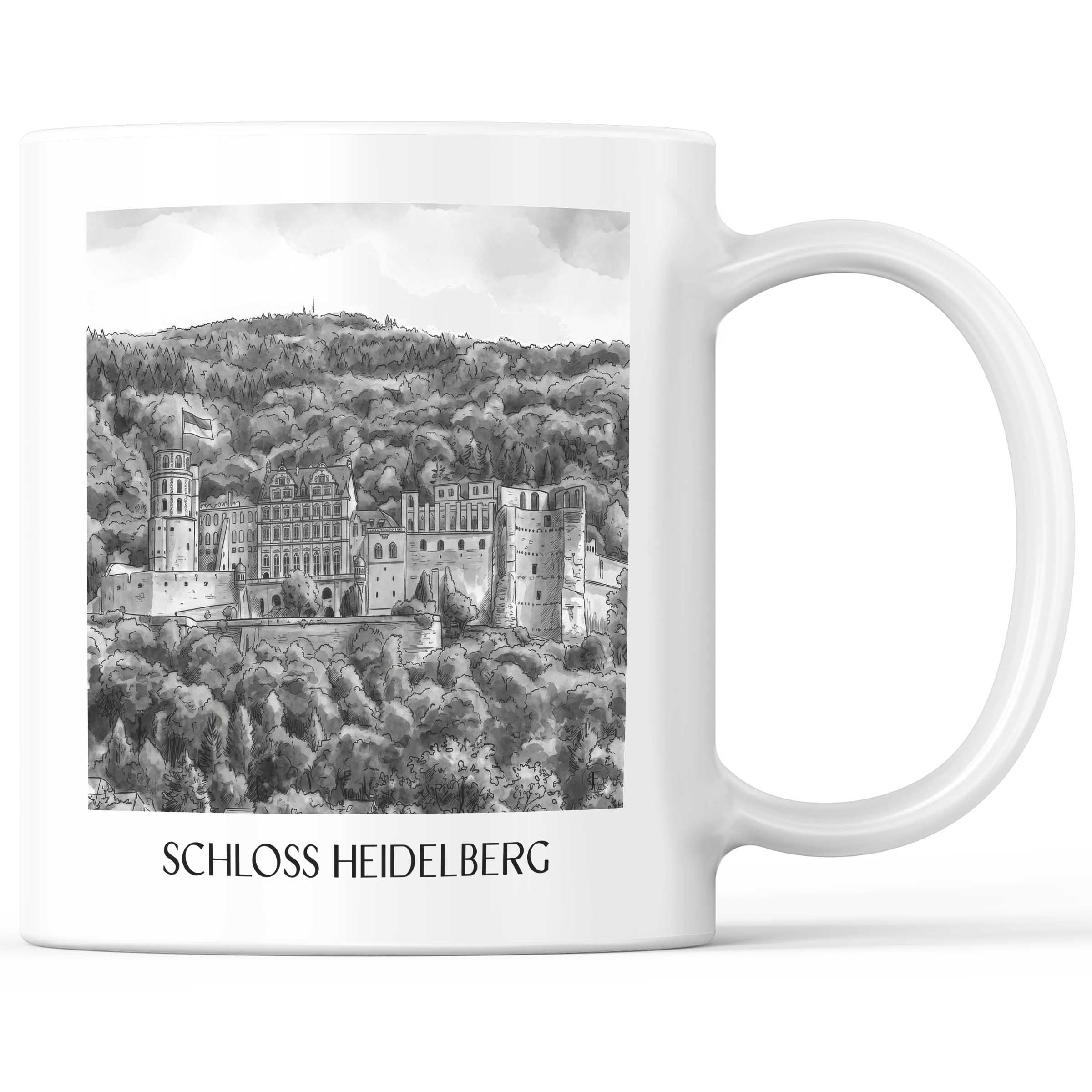 schloss-heidelberg-baden-württemberg-deutschland-kaffeebecher-aquarell-schwarz-weiss