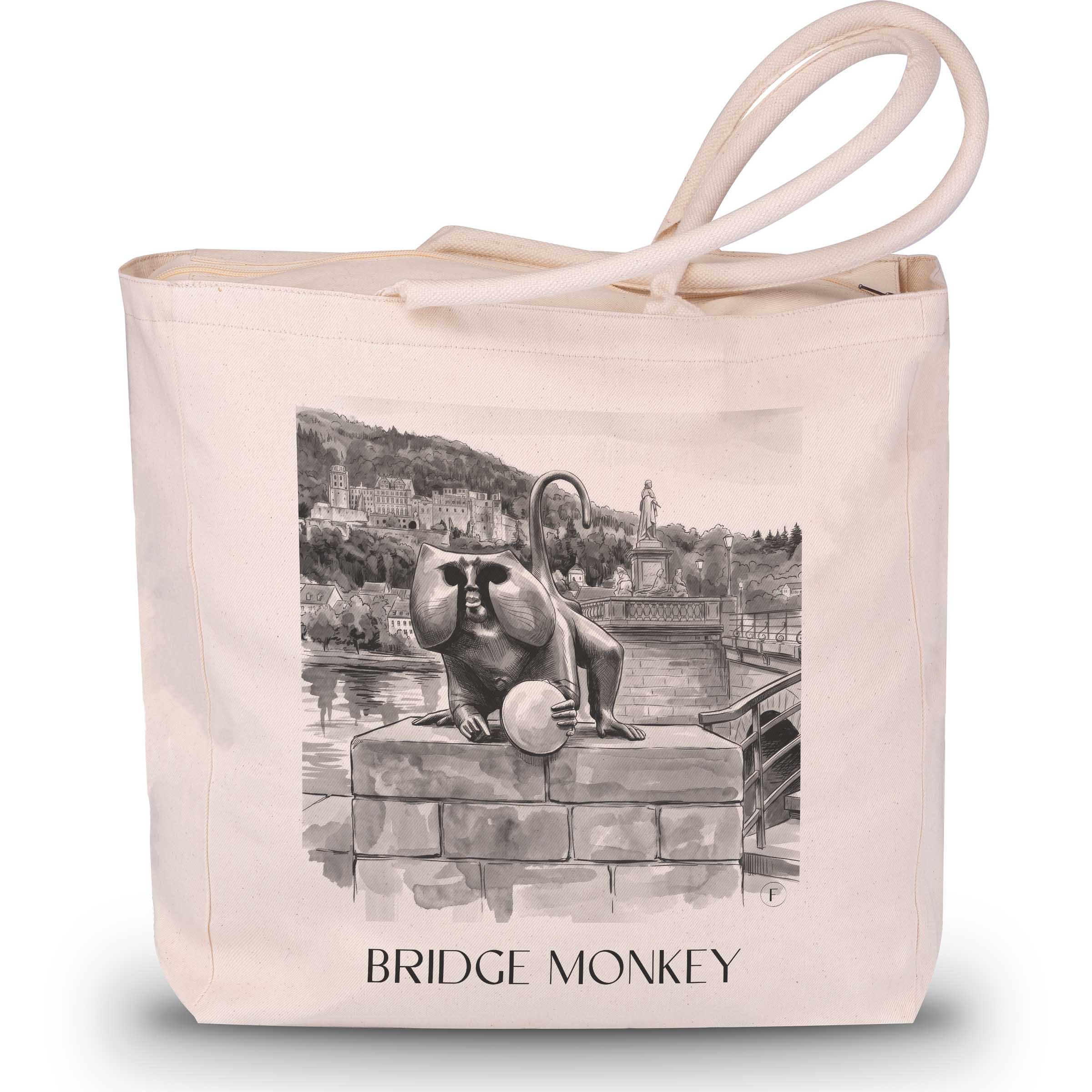 Brückenaffe Shopping Tasche - Heidelberg - Deutschland Tote Bag - Einkaufstasche im Aquarell Schwarz-Weiß Stil
