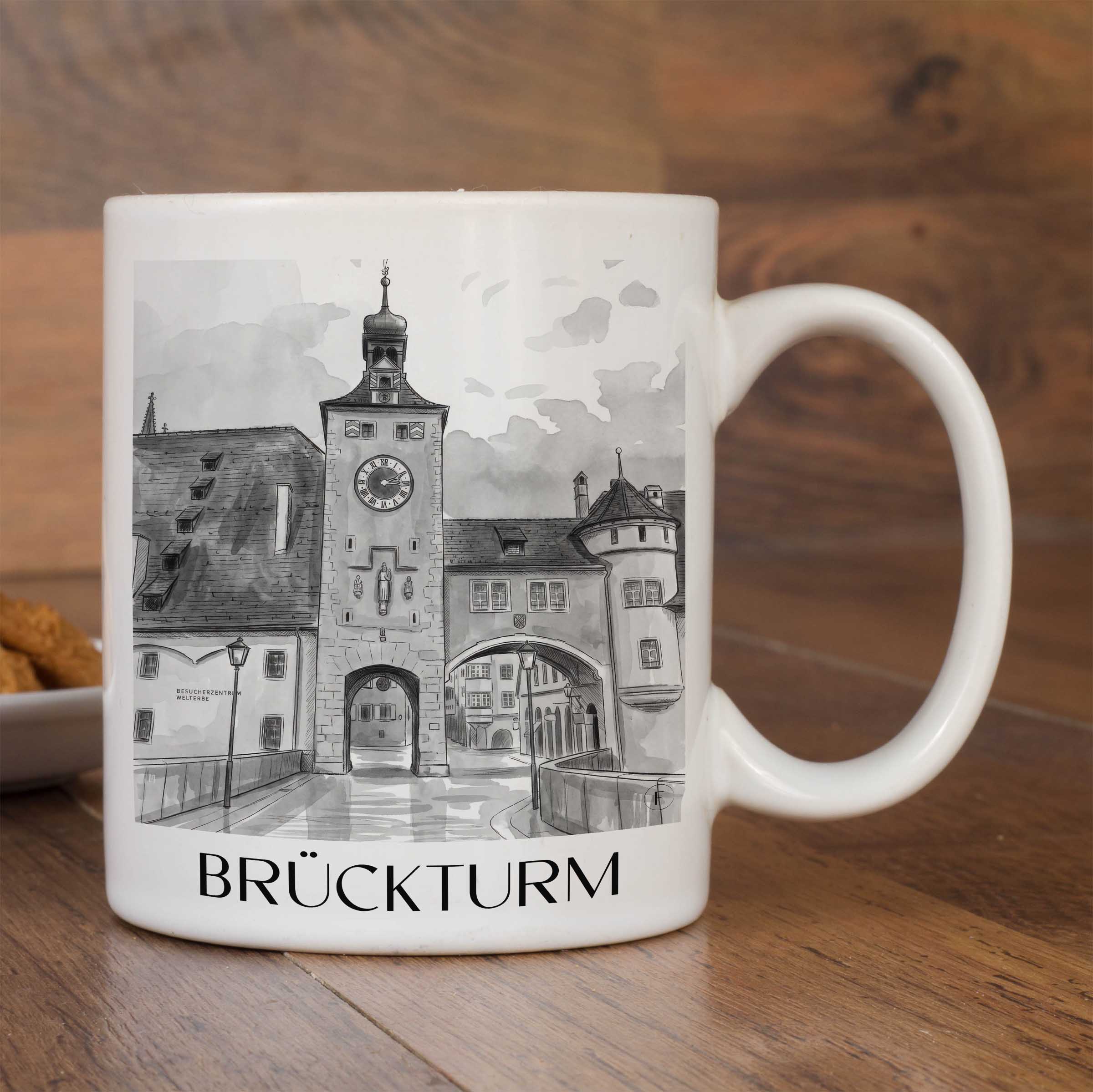 brückturm-regensburg-deutschland-kaffeebecher-aquarell-schwarz-weiss