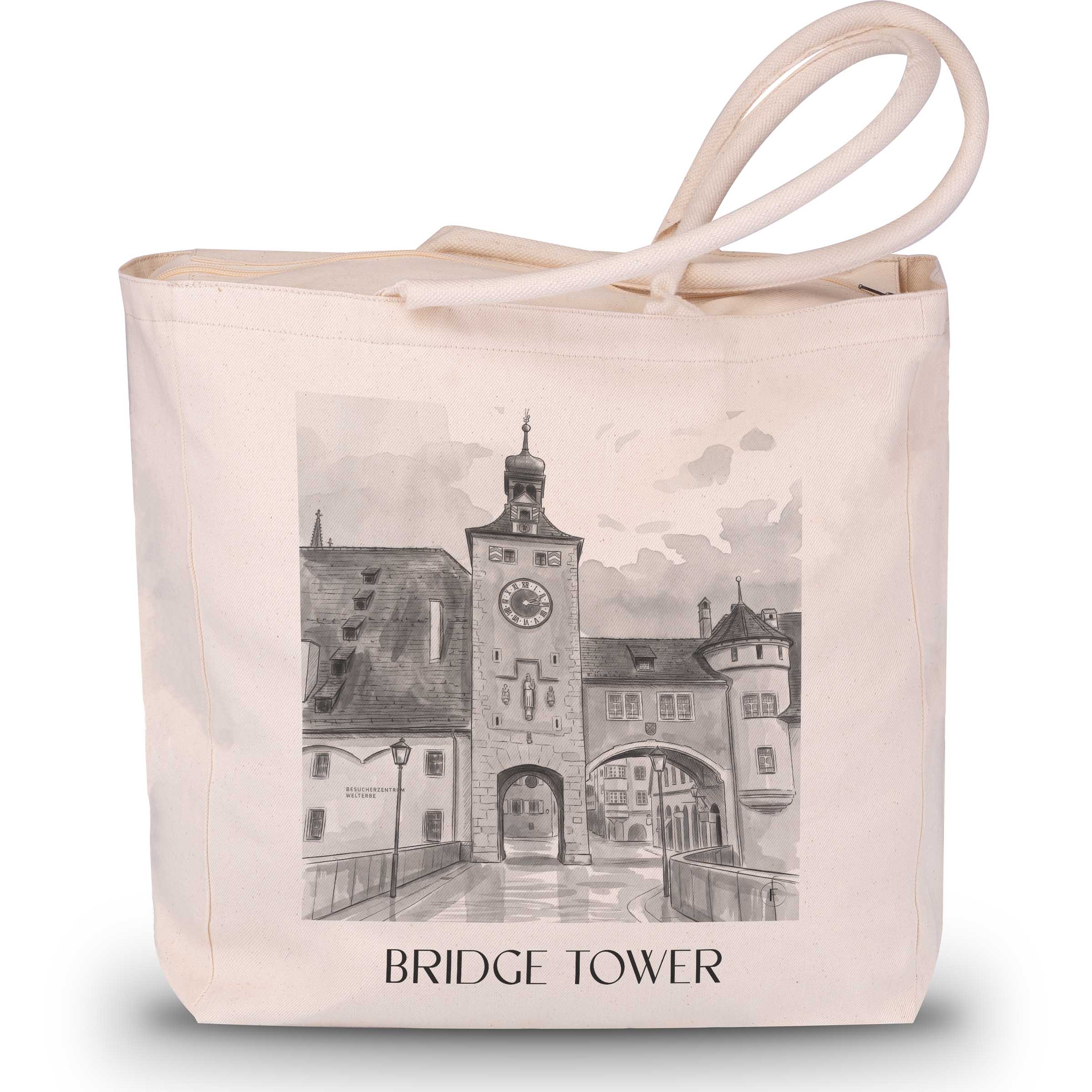 Brückturm Shopping Tasche - Regensburg - Deutschland Tote Bag - Einkaufstasche im Aquarell Schwarz-Weiß Stil