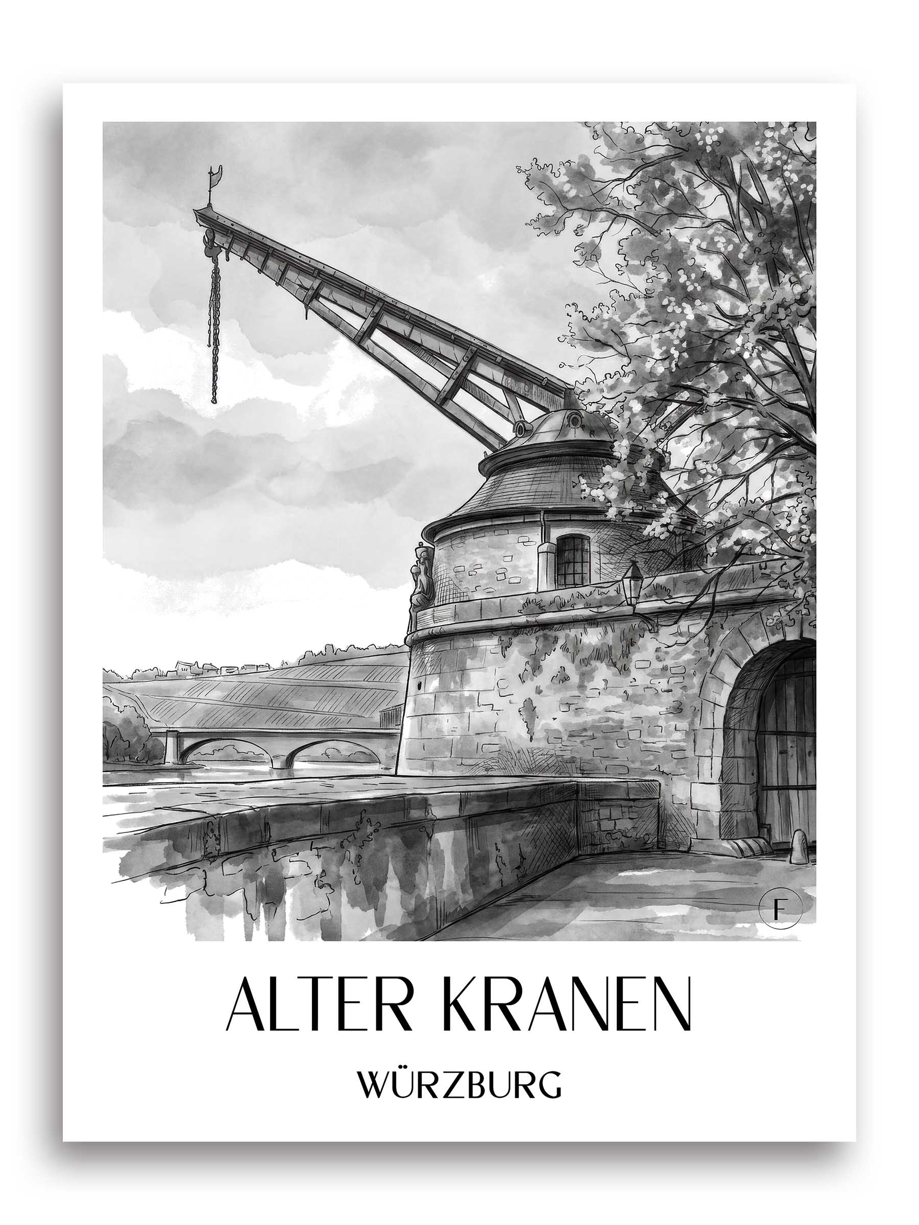 alter-kranen-würzburg-deutschland-poster-aquarell-schwarz-weiss