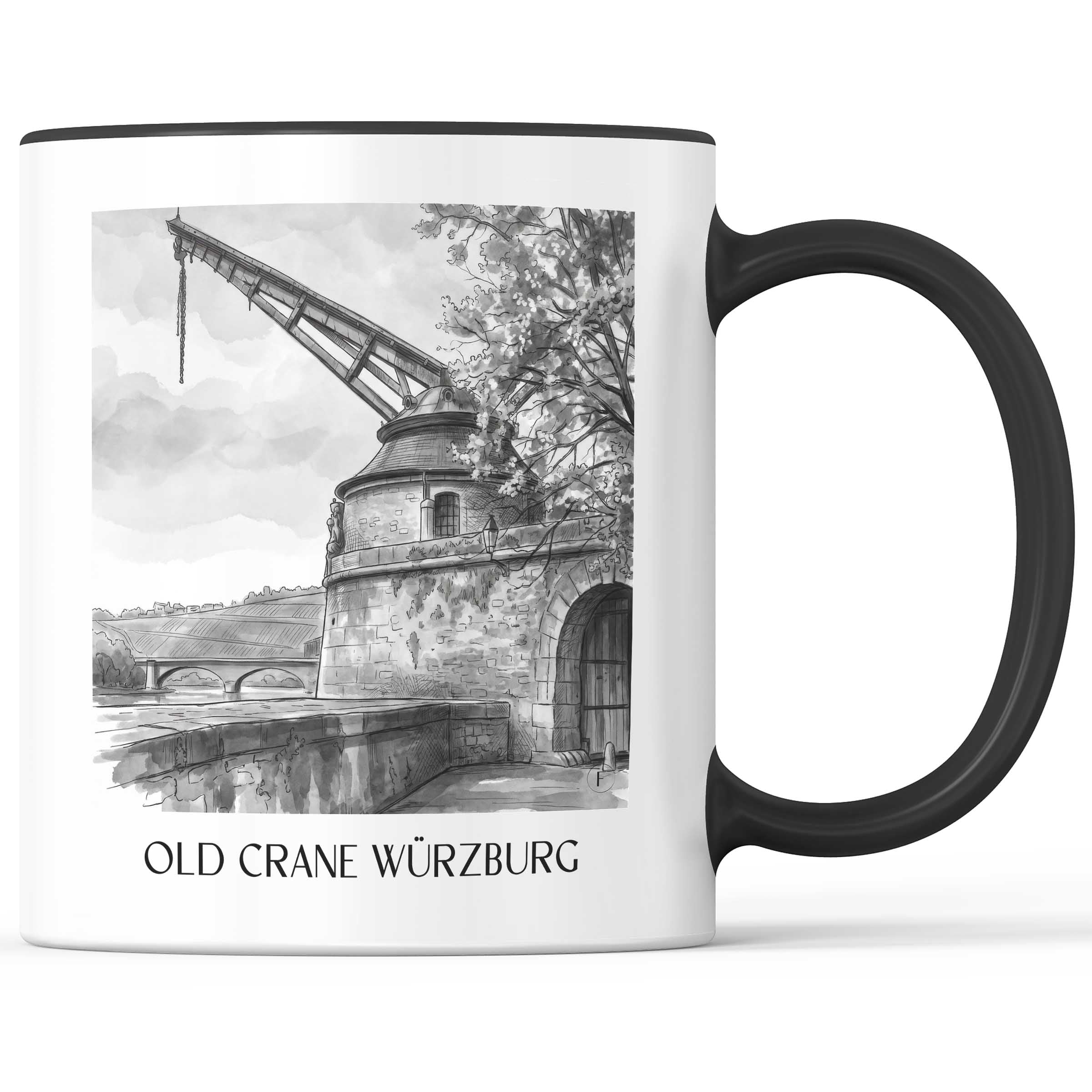 Alter Kranen Kaffeebecher - Würzburg - Deutschland Becher - Kaffeetasse im Aquarell Schwarz-Weiß Stil