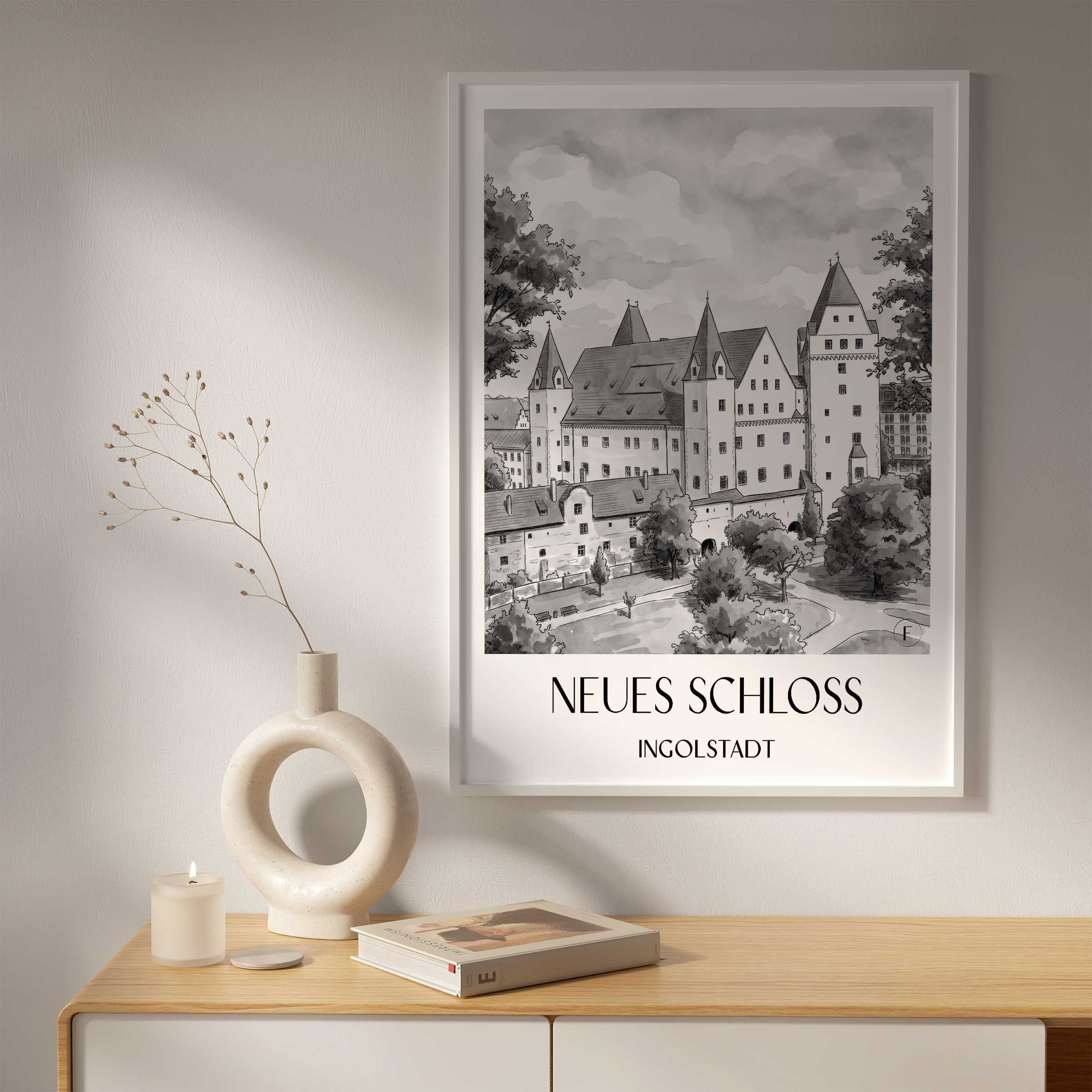 neues-schloss-ingolstadt-deutschland-poster-aquarell-schwarz-weiss