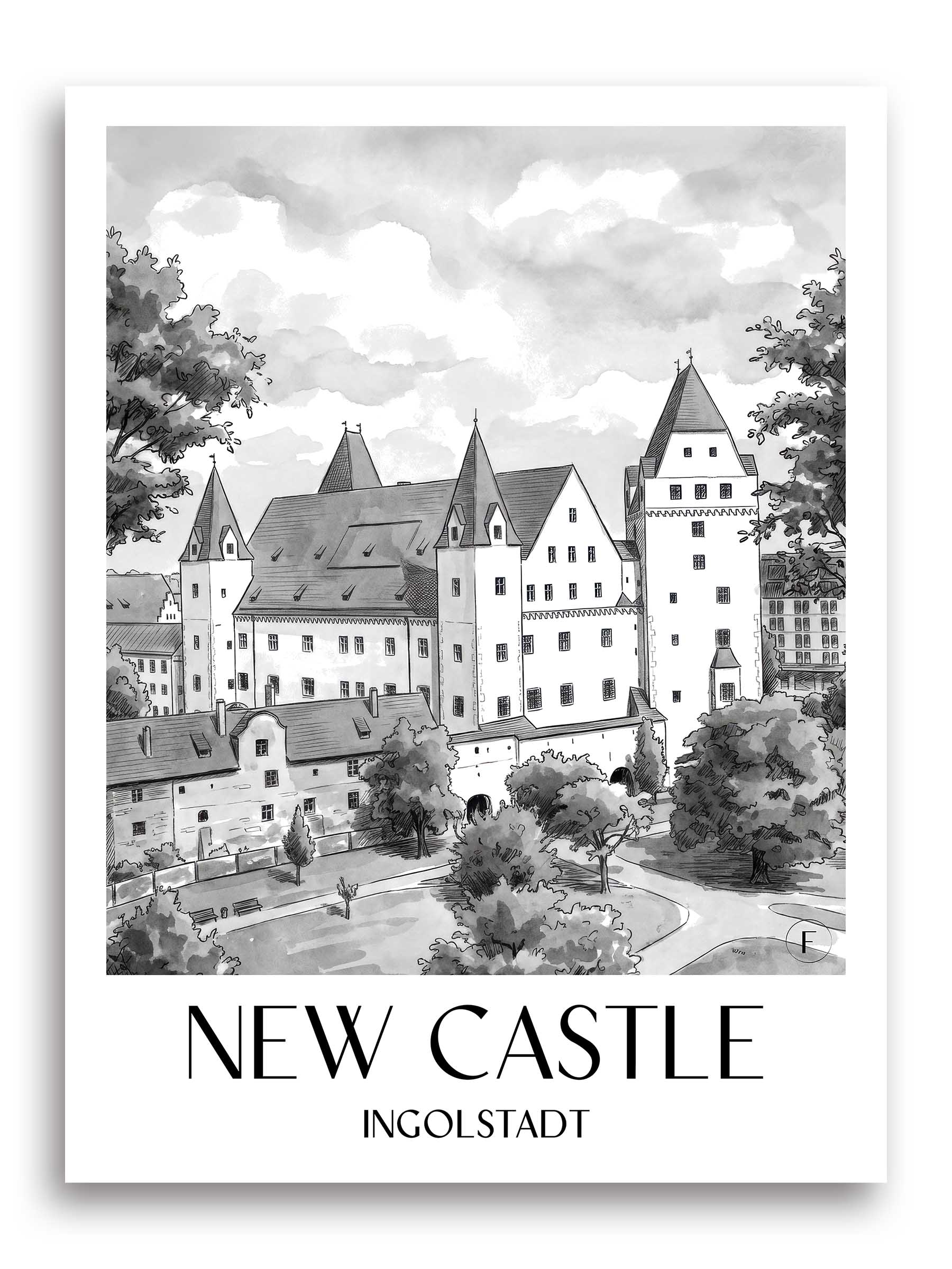 Neues Schloss Poster - Ingolstadt - Deutschland Kunstdruck - Aquarell Schwarz-Weiß von A4 bis A1
