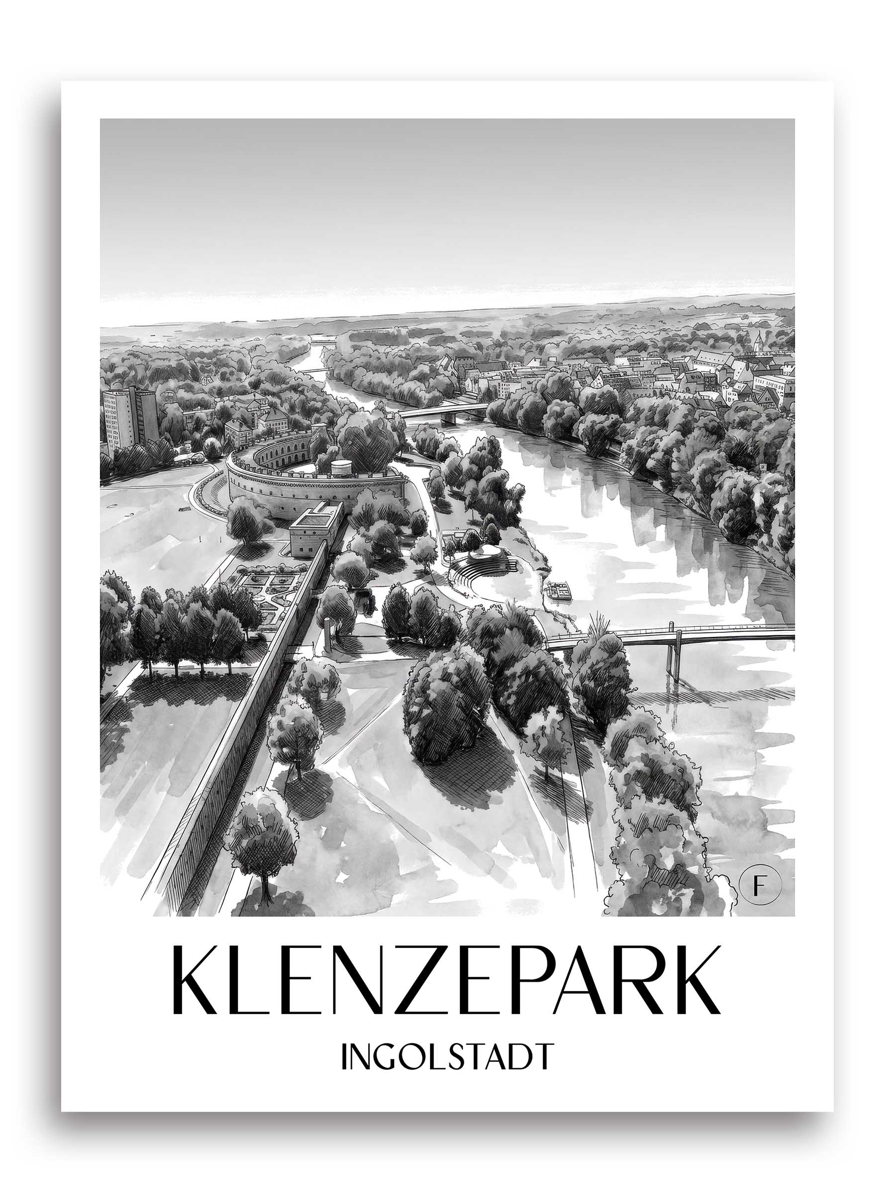 Klenzepark Poster - Ingolstadt - Deutschland Kunstdruck - Aquarell Schwarz-Weiß von A4 bis A1