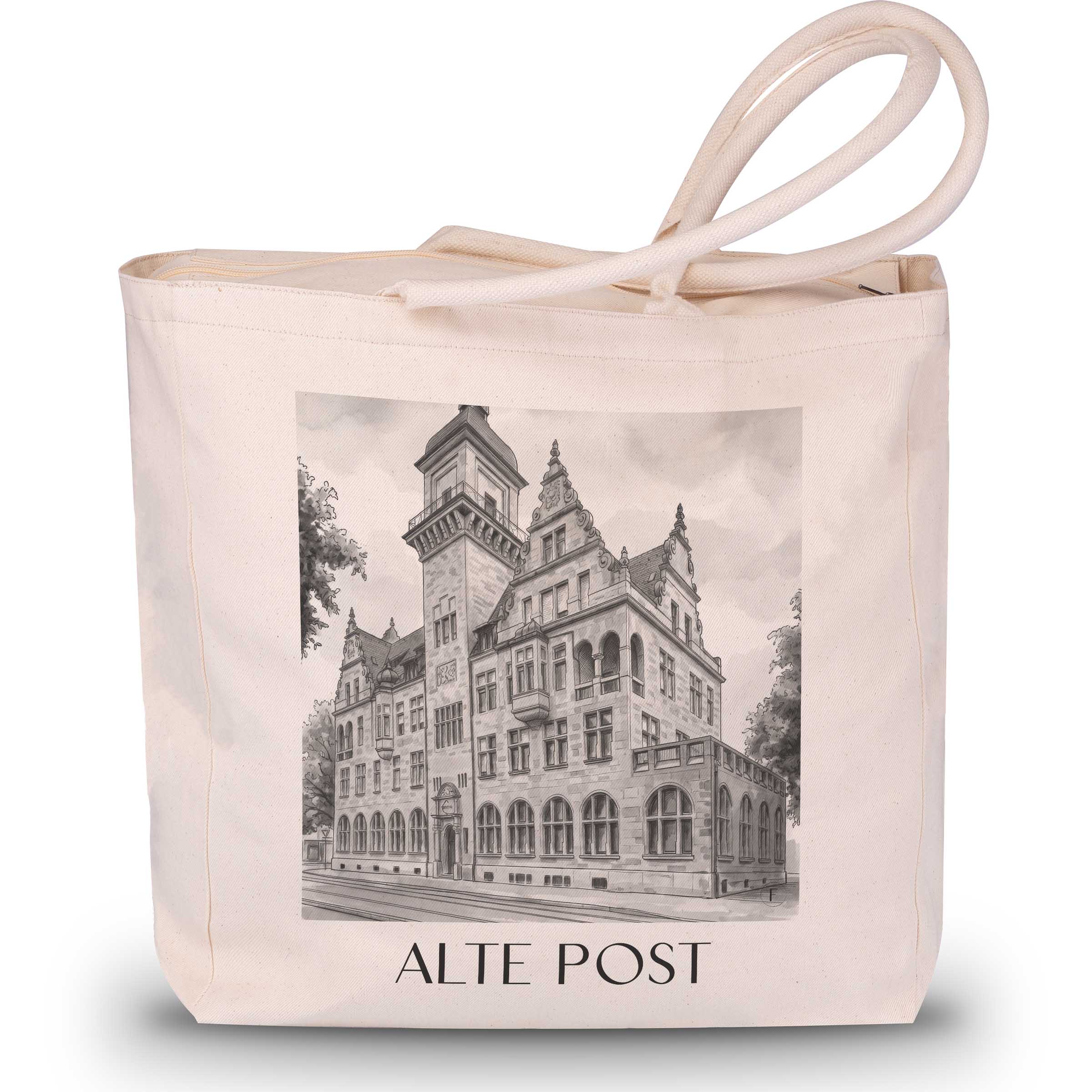 alte-post-heilbronn-deutschland-einkaufstasche-aquarell-schwarz-weiss