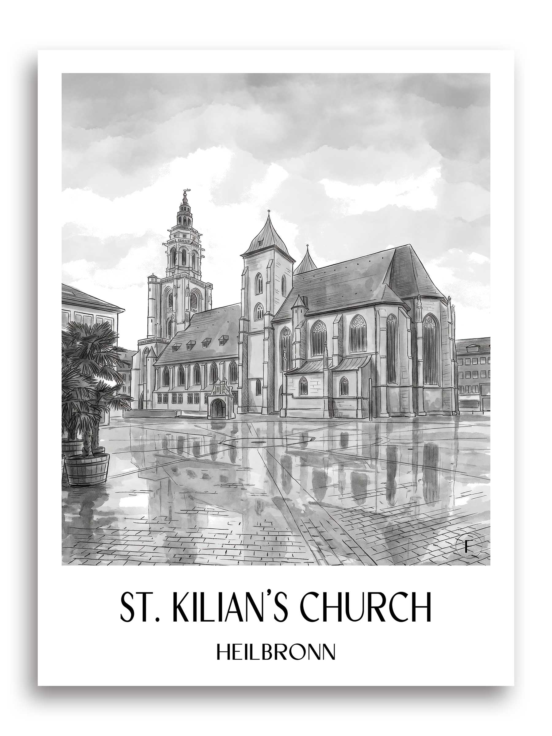 Kilianskirche Poster - Heilbronn - Deutschland Kunstdruck - Aquarell Schwarz-Weiß von A4 bis A1