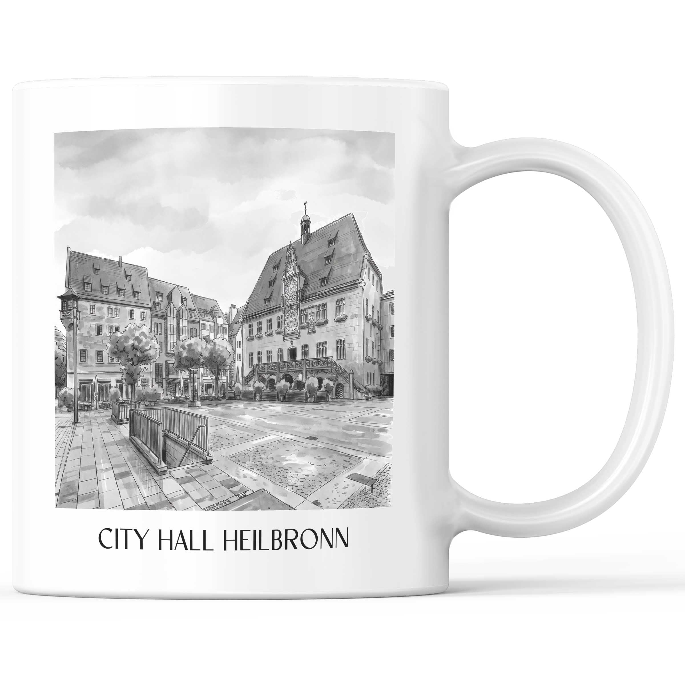 Rathaus Kaffeebecher - Heilbronn - Deutschland Becher - Kaffeetasse im Aquarell Schwarz-Weiß Stil