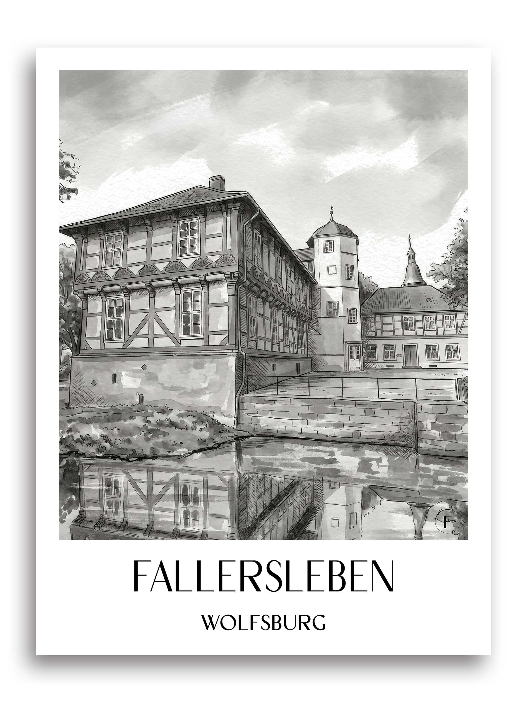 Fallersleben Poster - Wolfsburg - Deutschland Kunstdruck - Aquarell Schwarz-Weiß von A4 bis A1