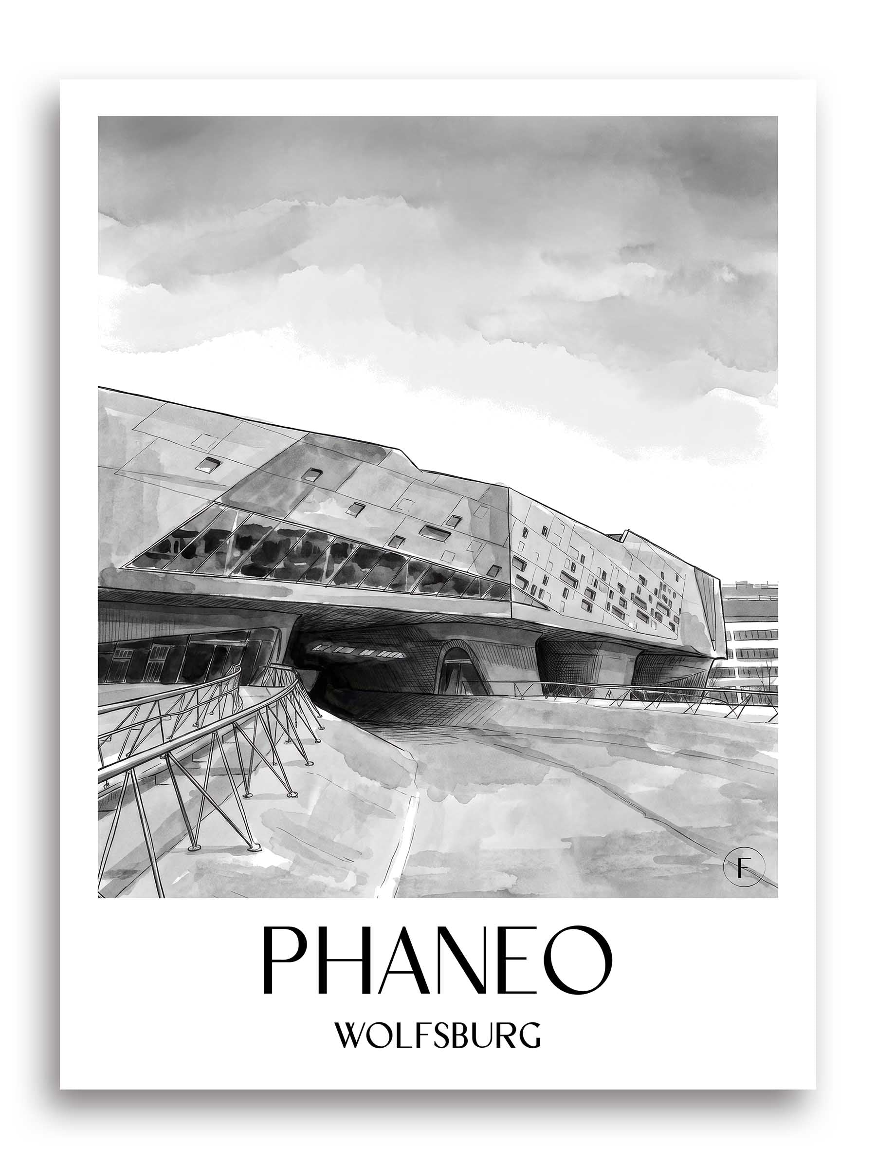 Phaneo Poster - Wolfsburg - Deutschland Kunstdruck - Aquarell Schwarz-Weiß von A4 bis A1