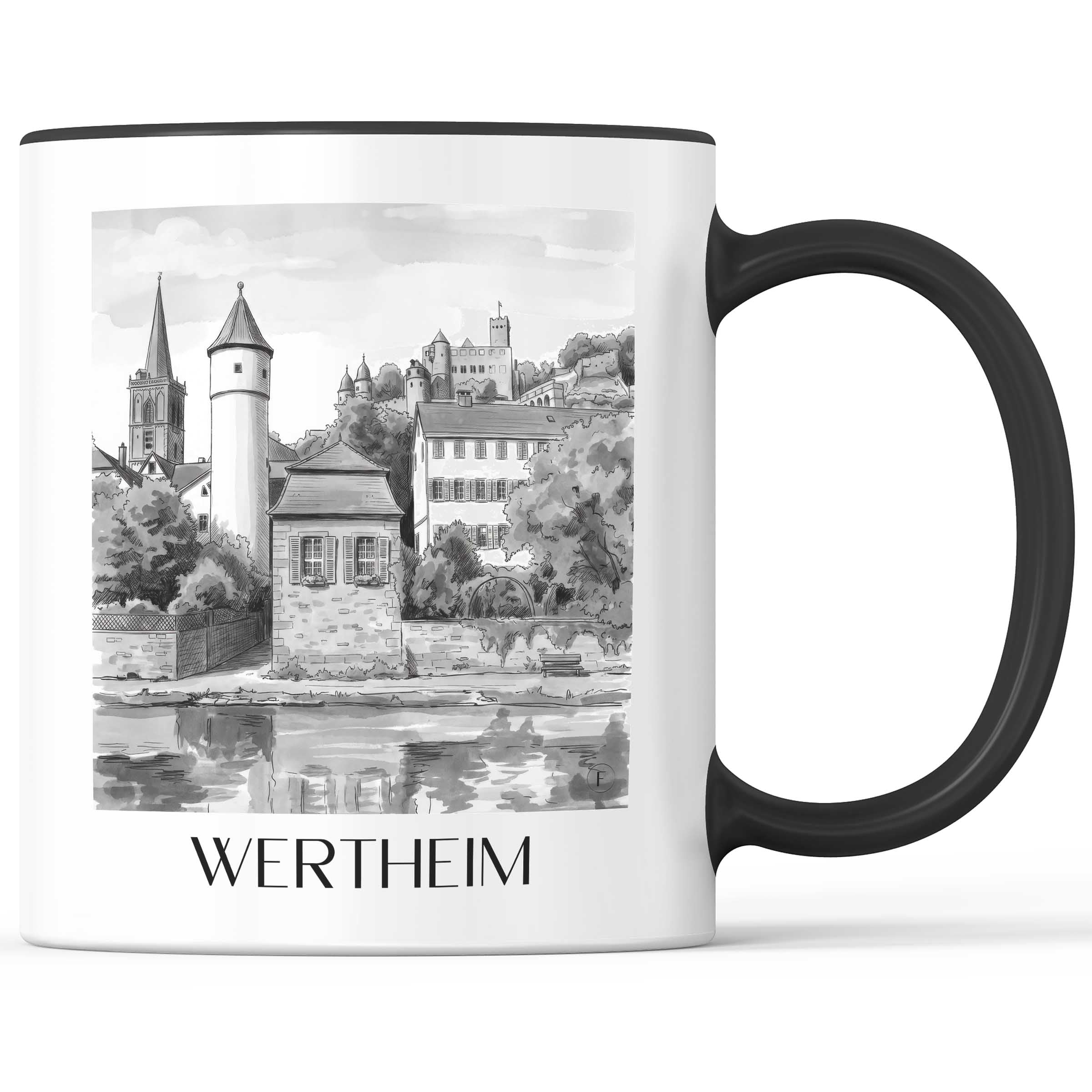 wertheim-main-tauber-tal-deutschland-kaffeebecher-aquarell-schwarz-weiss