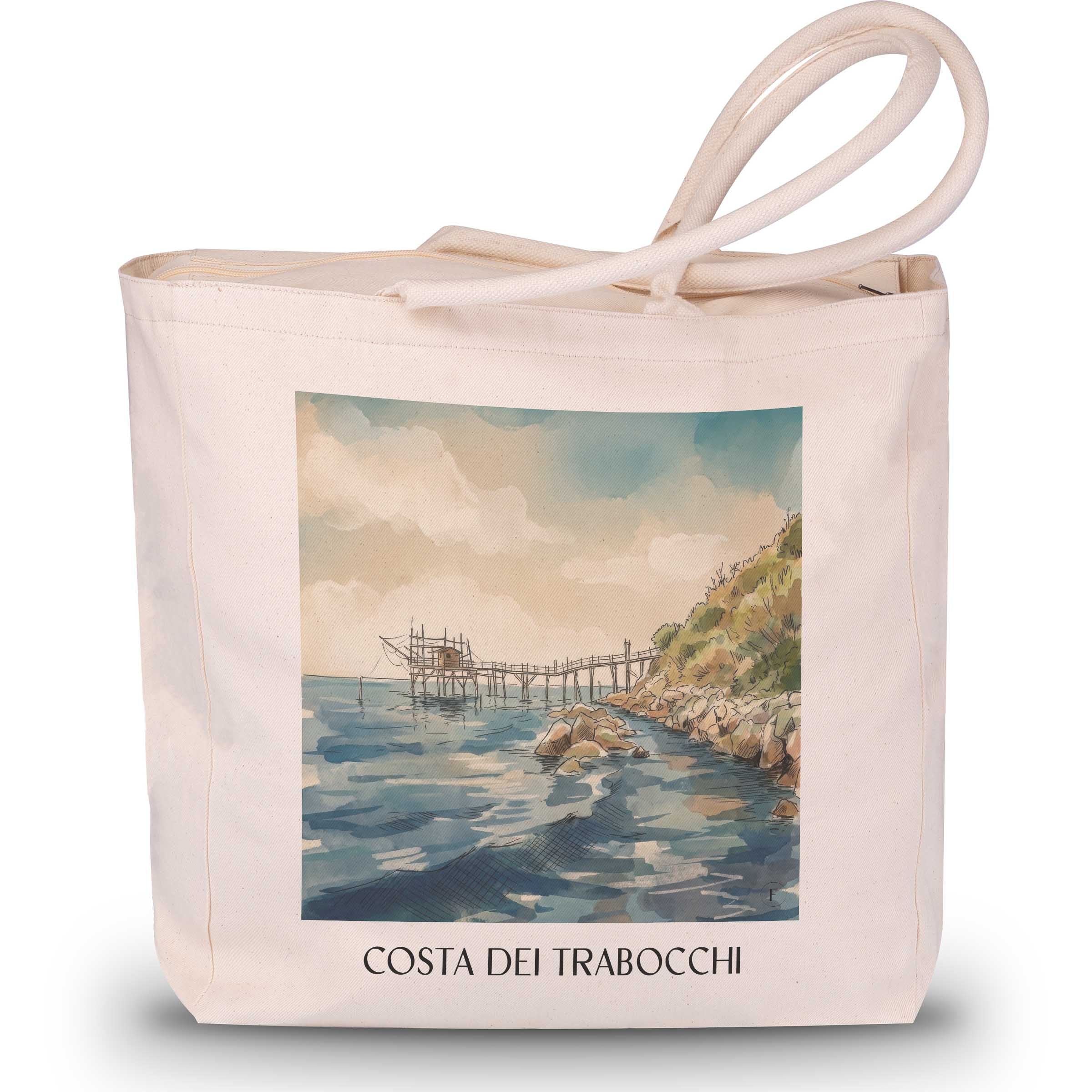 Costa dei Trabocchi Shopping Tasche - Abruzzen - Italien Tote Bag - Einkaufstasche im Aquarell Stil