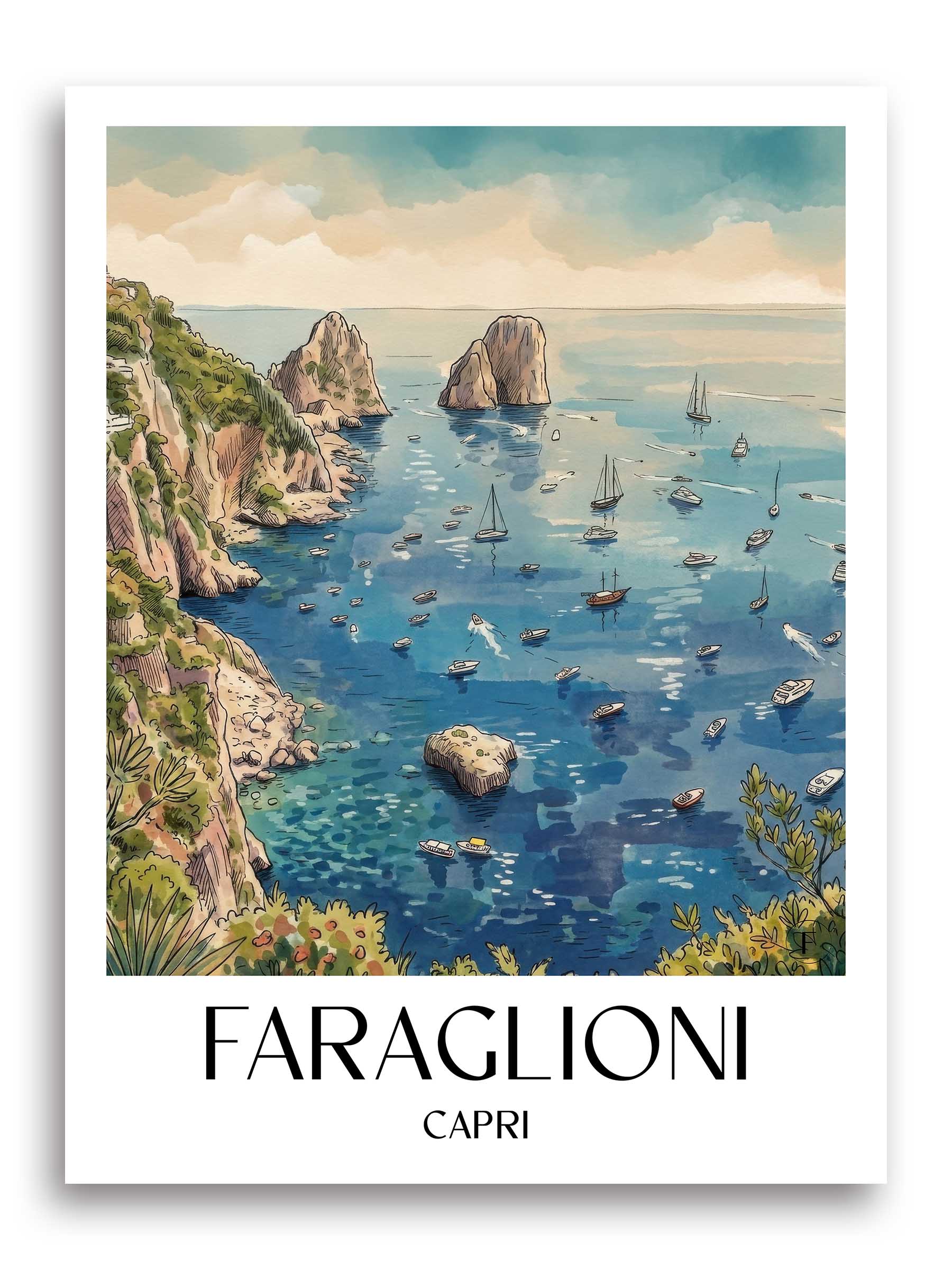Faraglioni Poster - Capri - Italien Kunstdruck - Aquarell von A4 bis A1