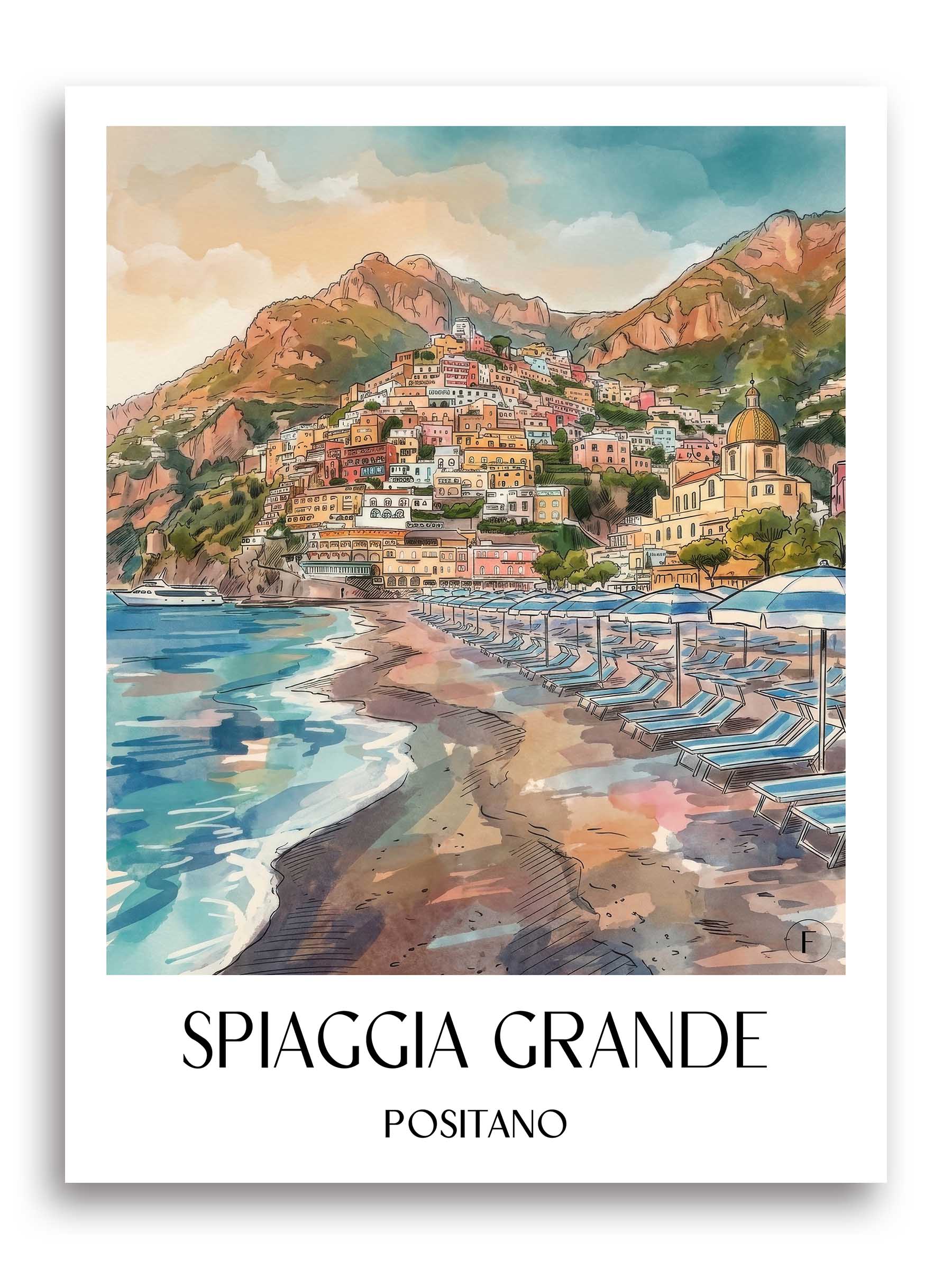 Spiaggia Grande Poster - Positano - Italien Kunstdruck - Aquarell von A4 bis A1