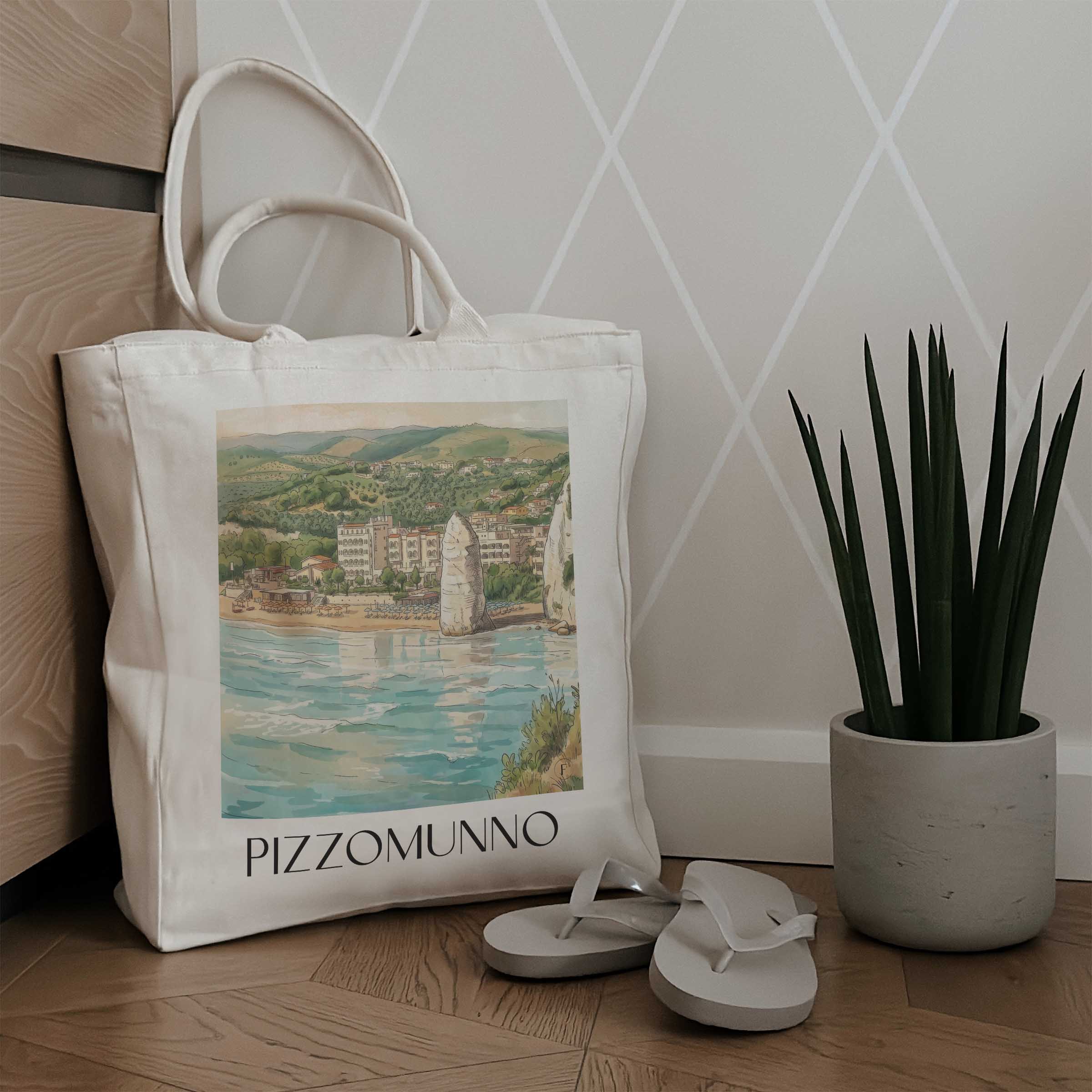 pizzomunno-vieste-italien-einkaufstasche-aquarell