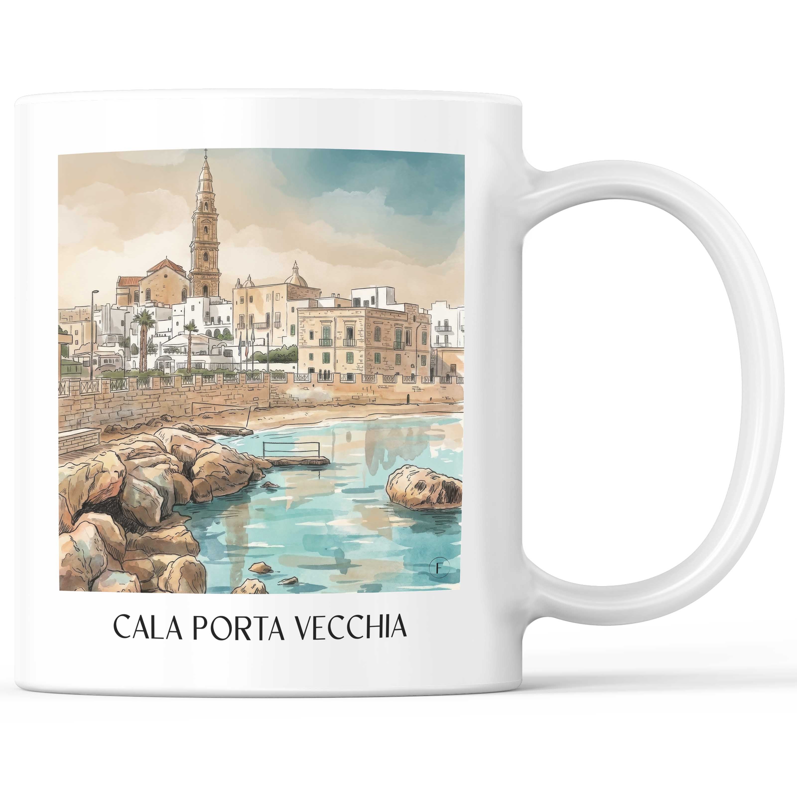 Cala Porta Vecchia Kaffeebecher - Monopoli - Italien Becher - Kaffeetasse im Aquarell Stil