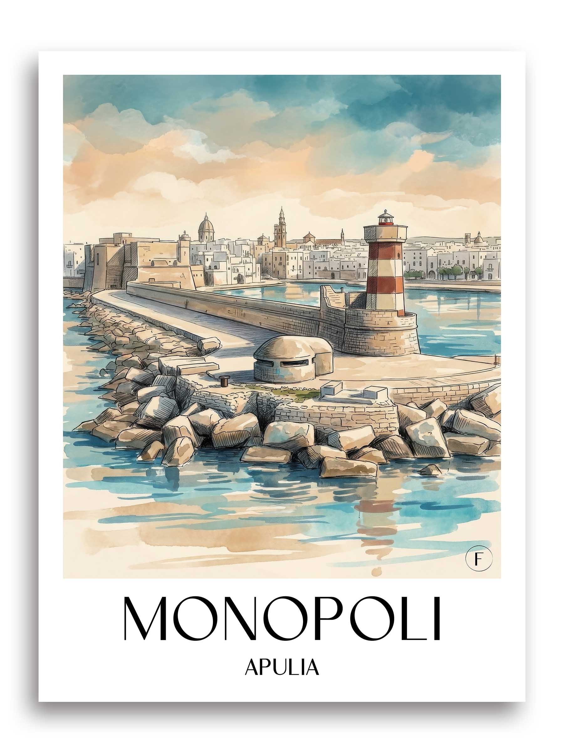 Monopoli Poster - Apulien - Italien Kunstdruck - Aquarell von A4 bis A1