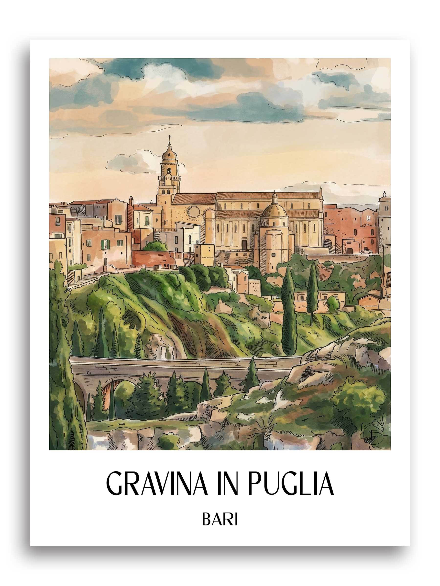 Gravina in Puglia Poster - Bari - Italien Kunstdruck - Aquarell von A4 bis A1