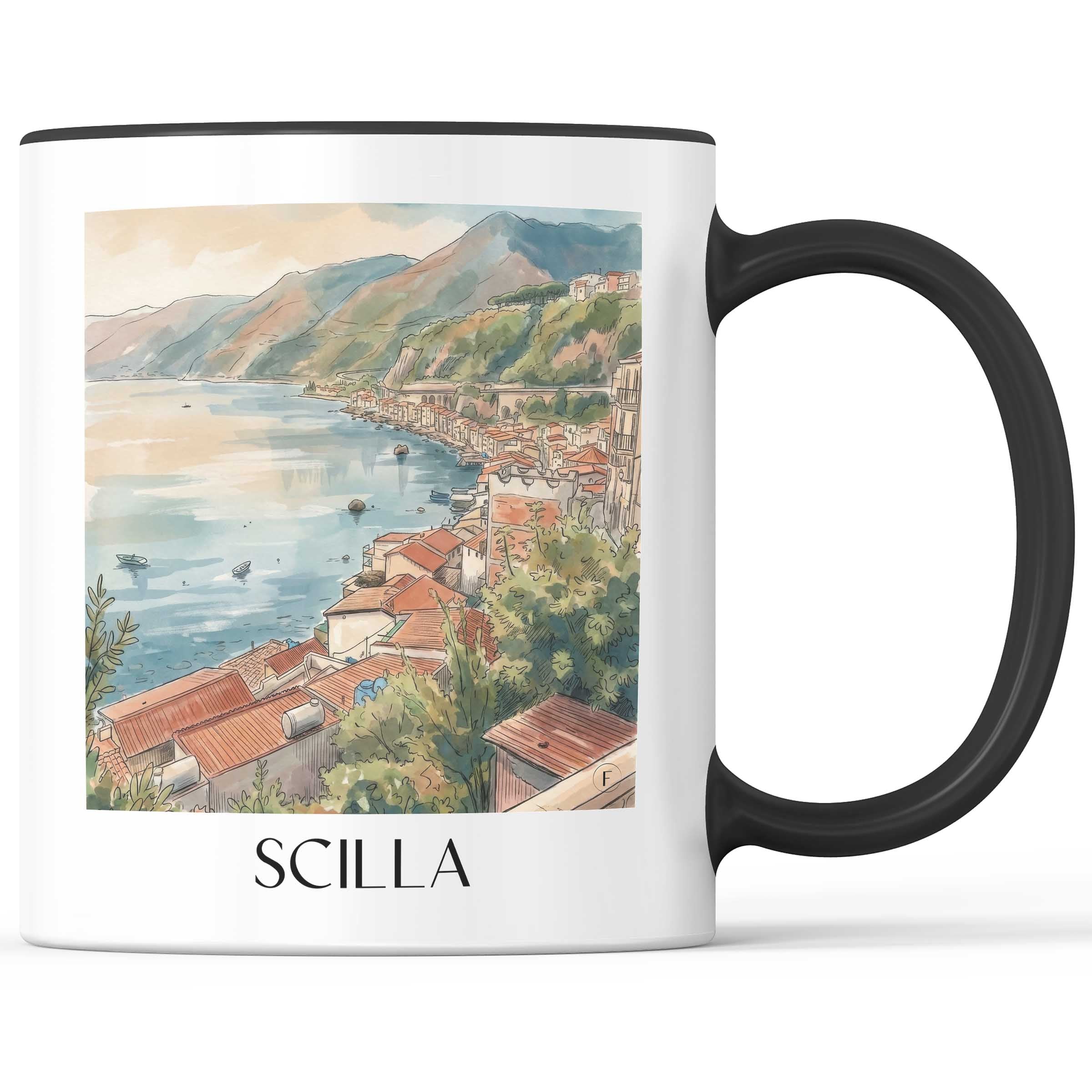 Scilla Kaffeebecher - Kalabrien - Italien Becher - Kaffeetasse im Aquarell Stil