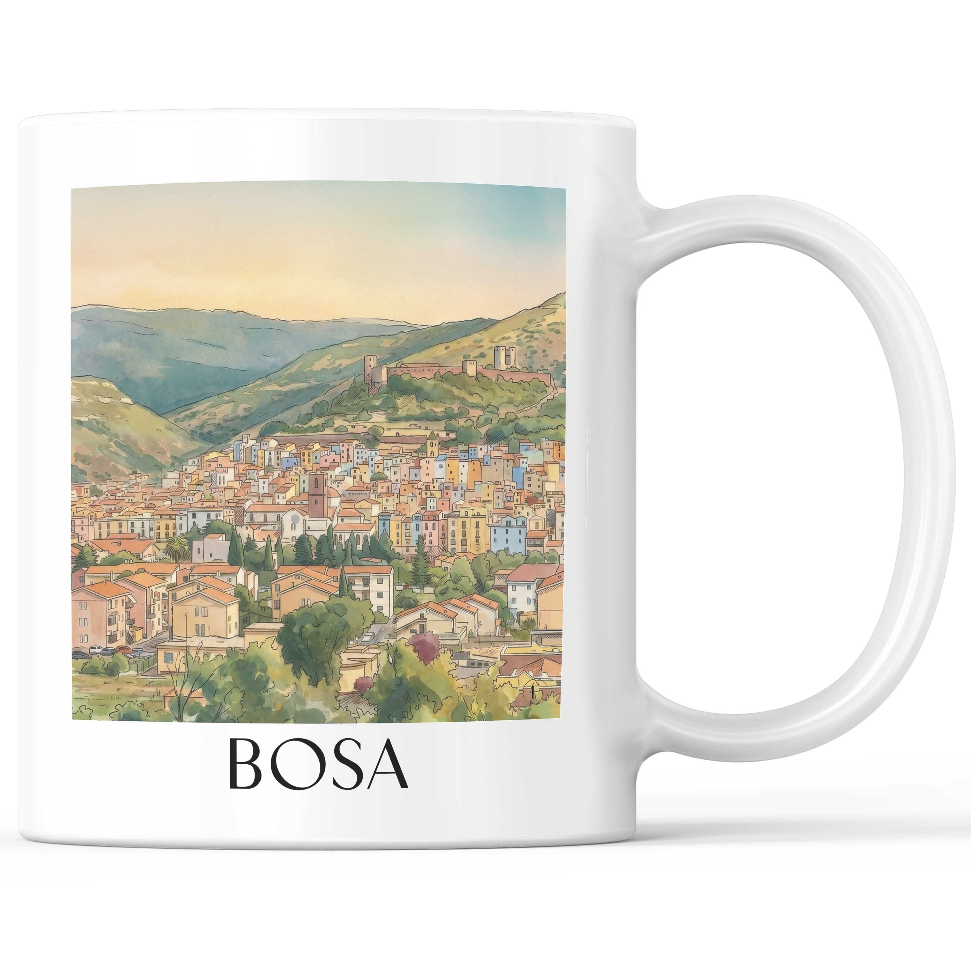 Bosa Kaffeebecher - Sardinien - Italien Becher - Kaffeetasse im Aquarell Stil