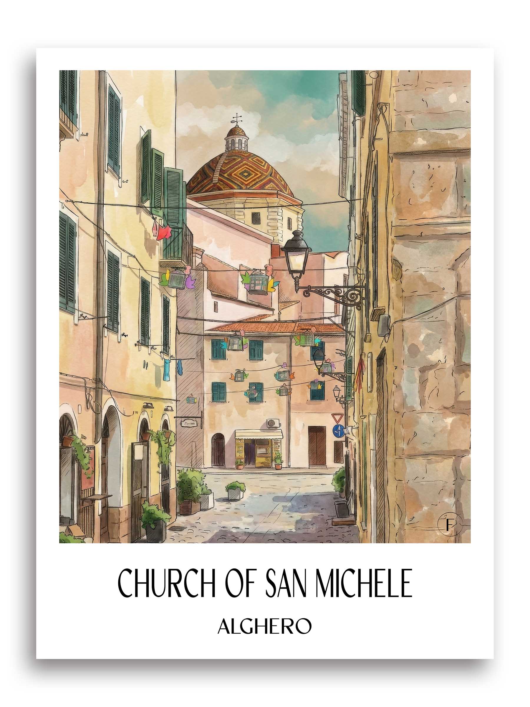 Chiesa di San Michele Poster - Alghero - Italien Kunstdruck - Aquarell von A4 bis A1