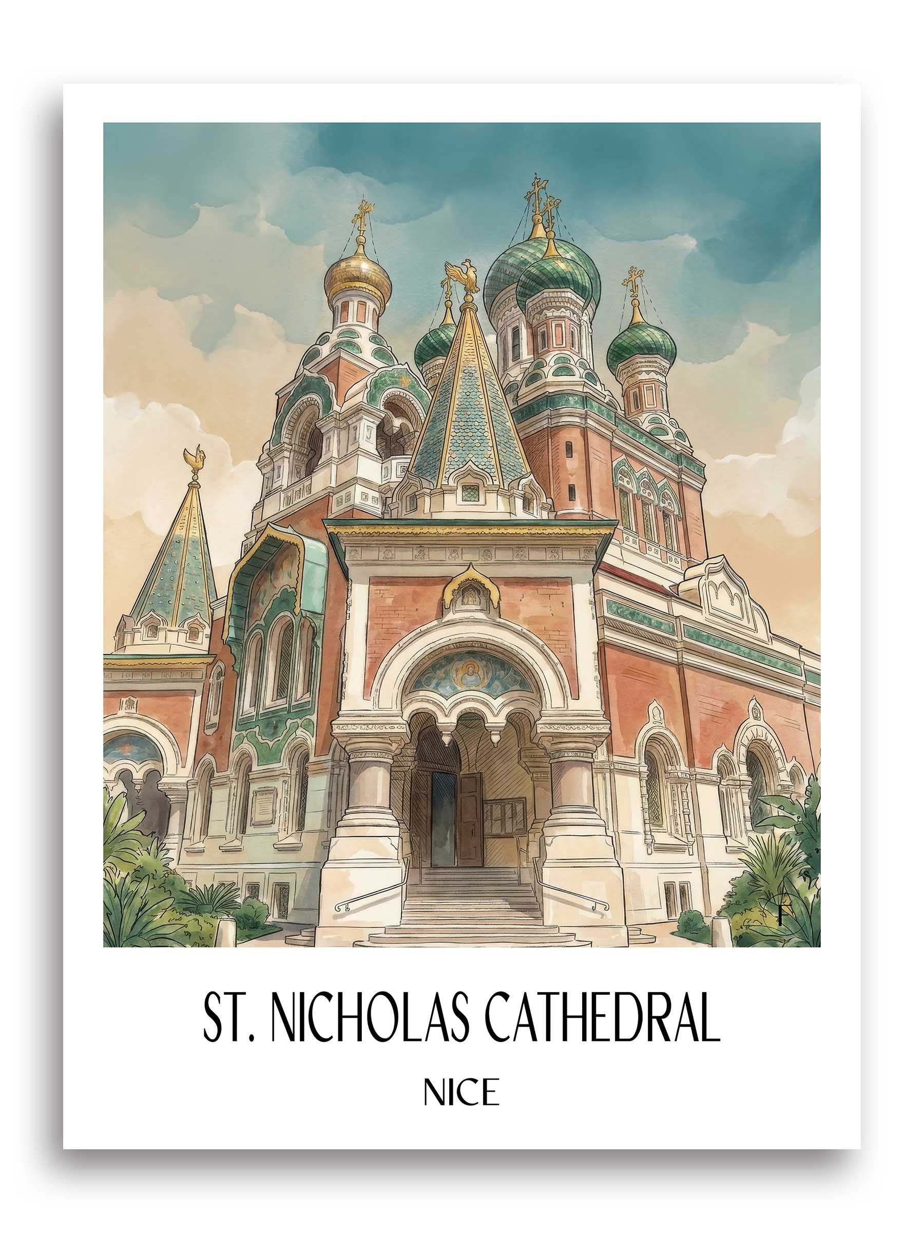 Cathédrale Saint-Nicolas Poster - Nizza - Frankreich Kunstdruck - Aquarell von A4 bis A1