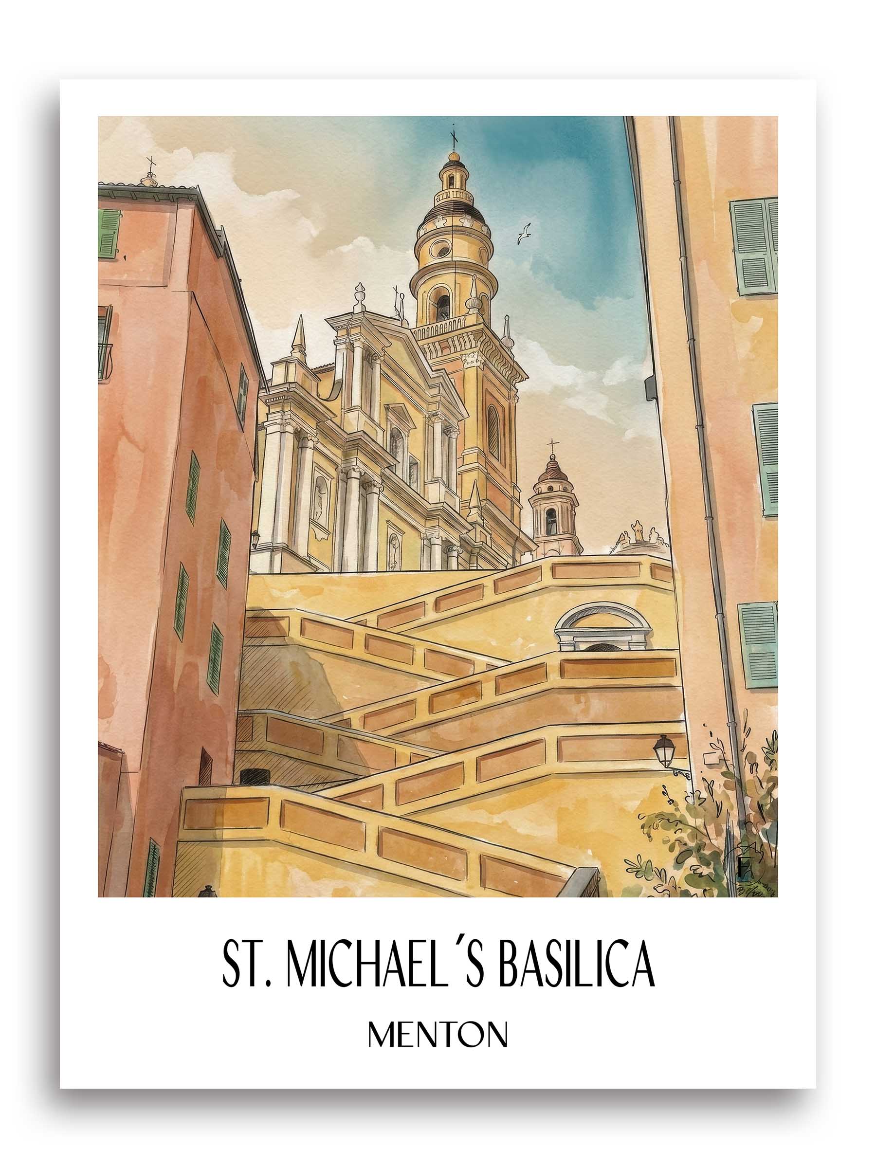 Basilique Saint-Michel Poster - Menton - Frankreich Kunstdruck - Aquarell von A4 bis A1
