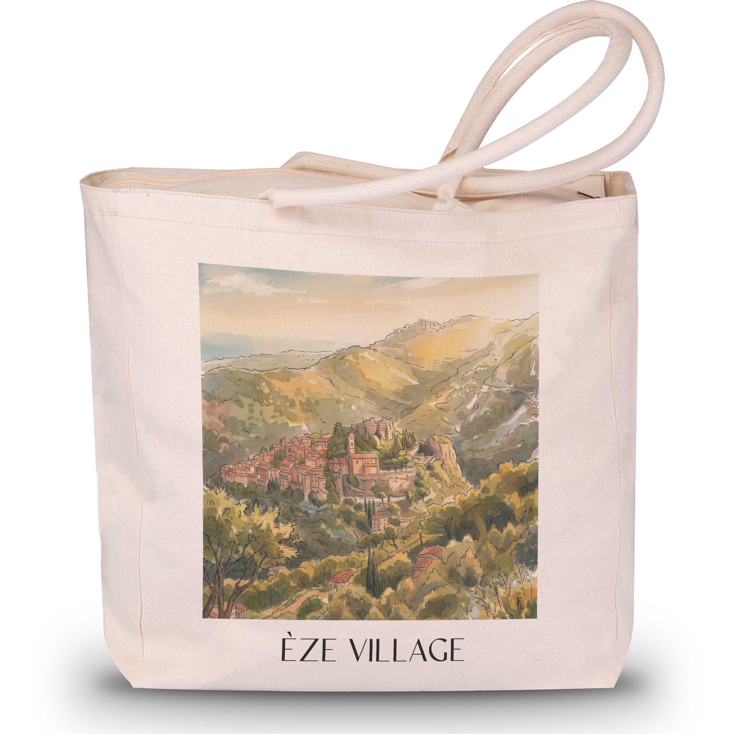 èze-village-côte-d´azur-frankreich-einkaufstasche-aquarell