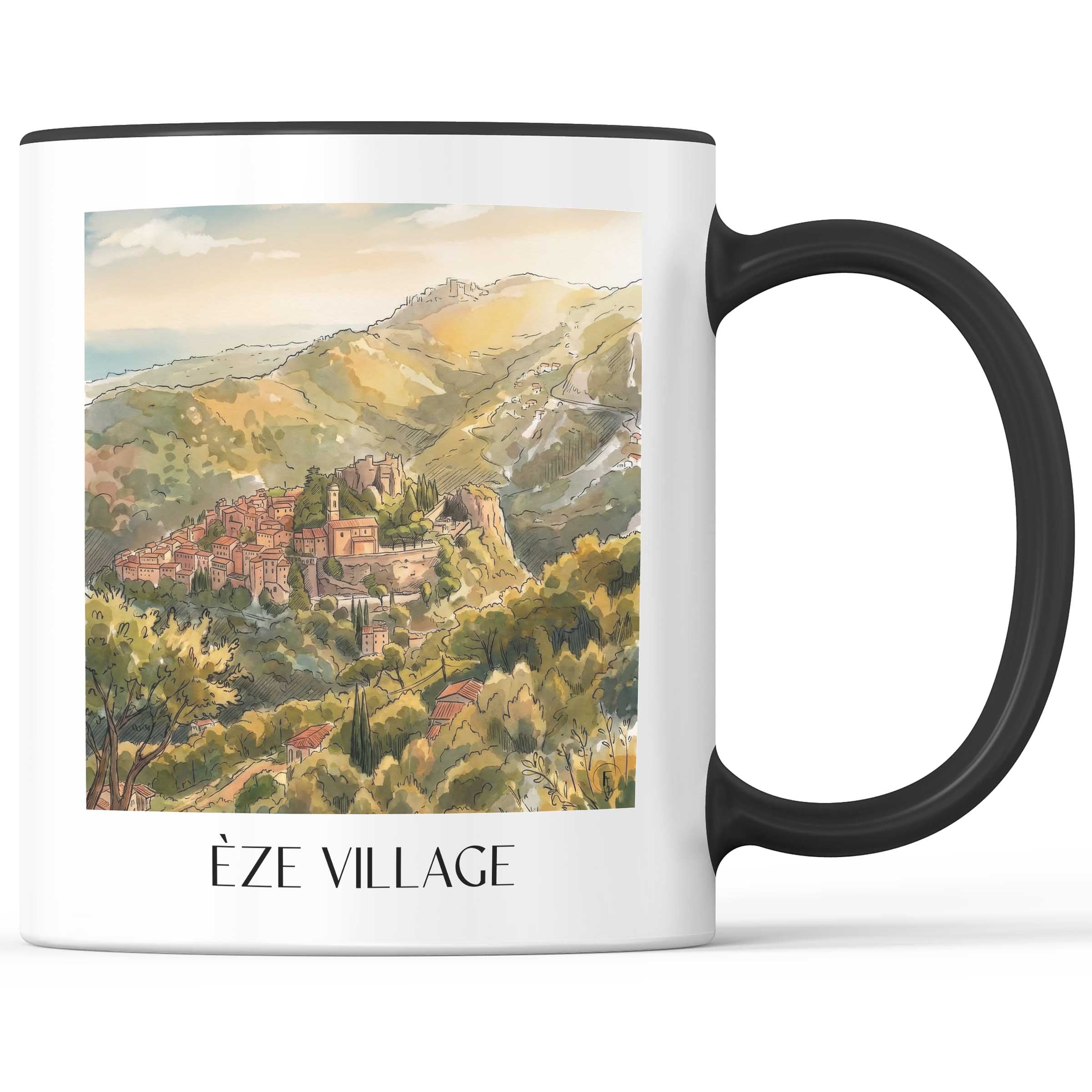 Èze Village Kaffeebecher - Côte d´Azur - Frankreich Becher - Kaffeetasse im Aquarell Stil