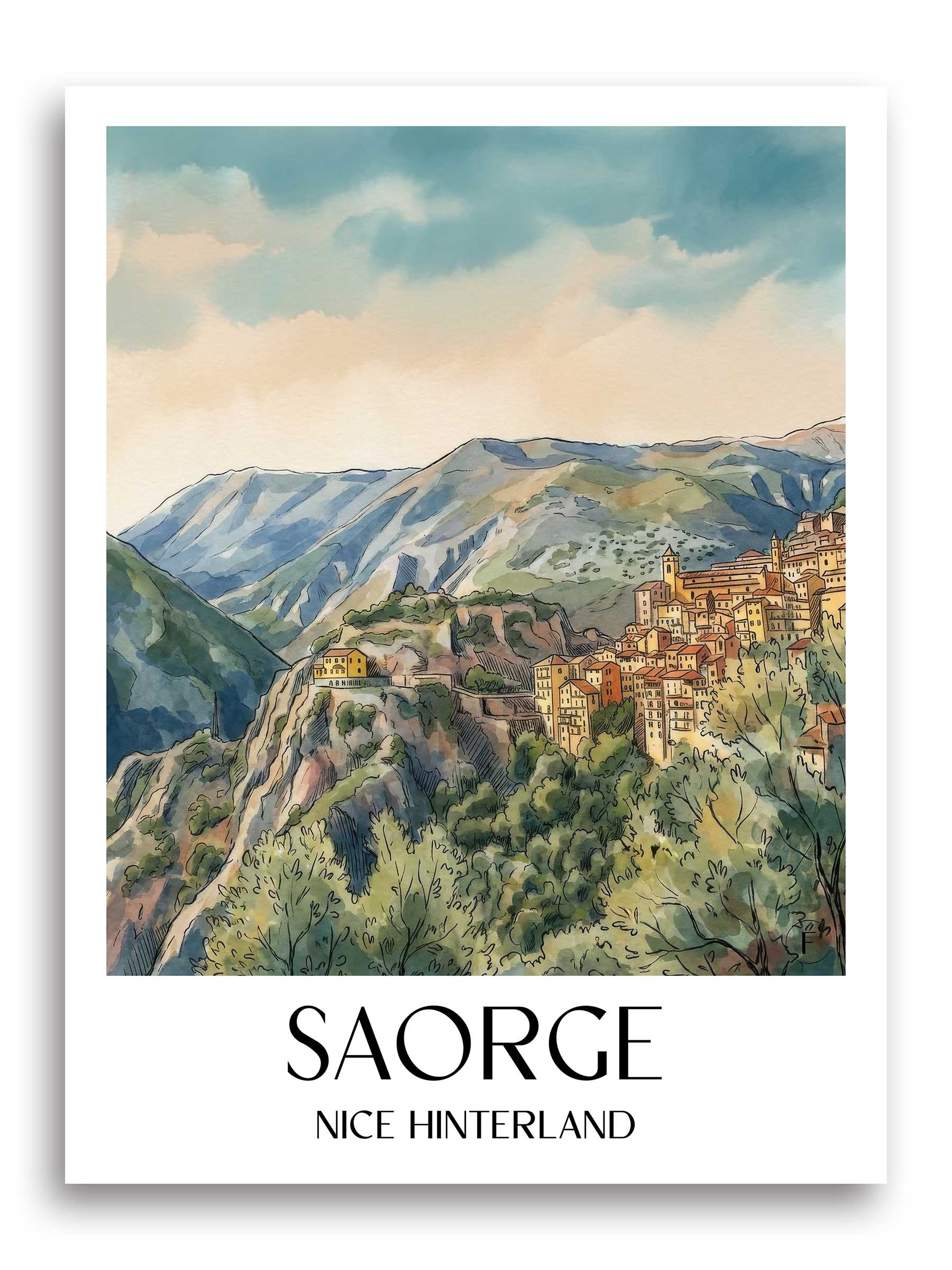 Saorge Poster - Arrière-pays niçois - Frankreich Kunstdruck - Aquarell von A4 bis A1