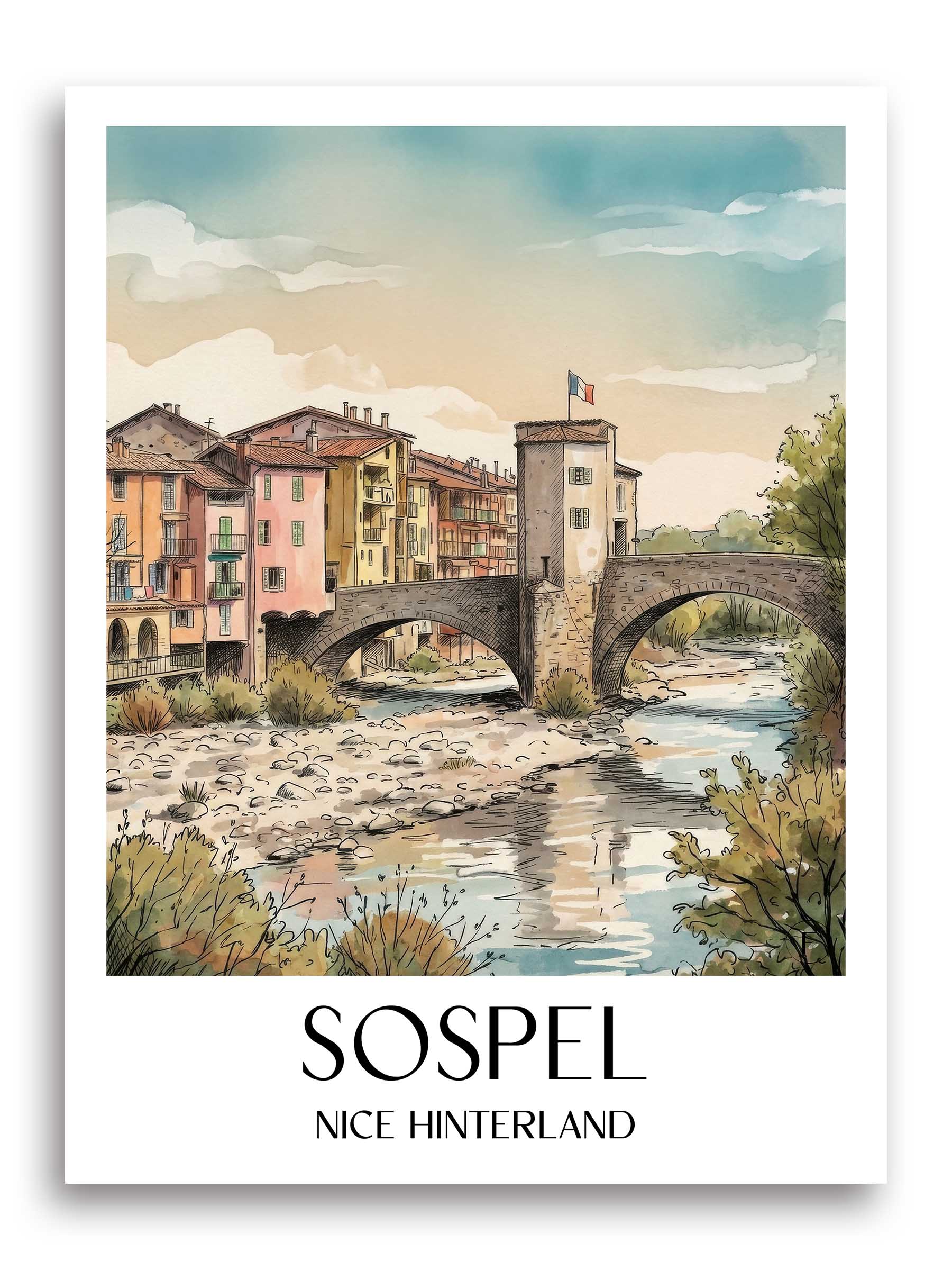Sospel Poster - Arrière-pays niçois - Frankreich Kunstdruck - Aquarell von A4 bis A1